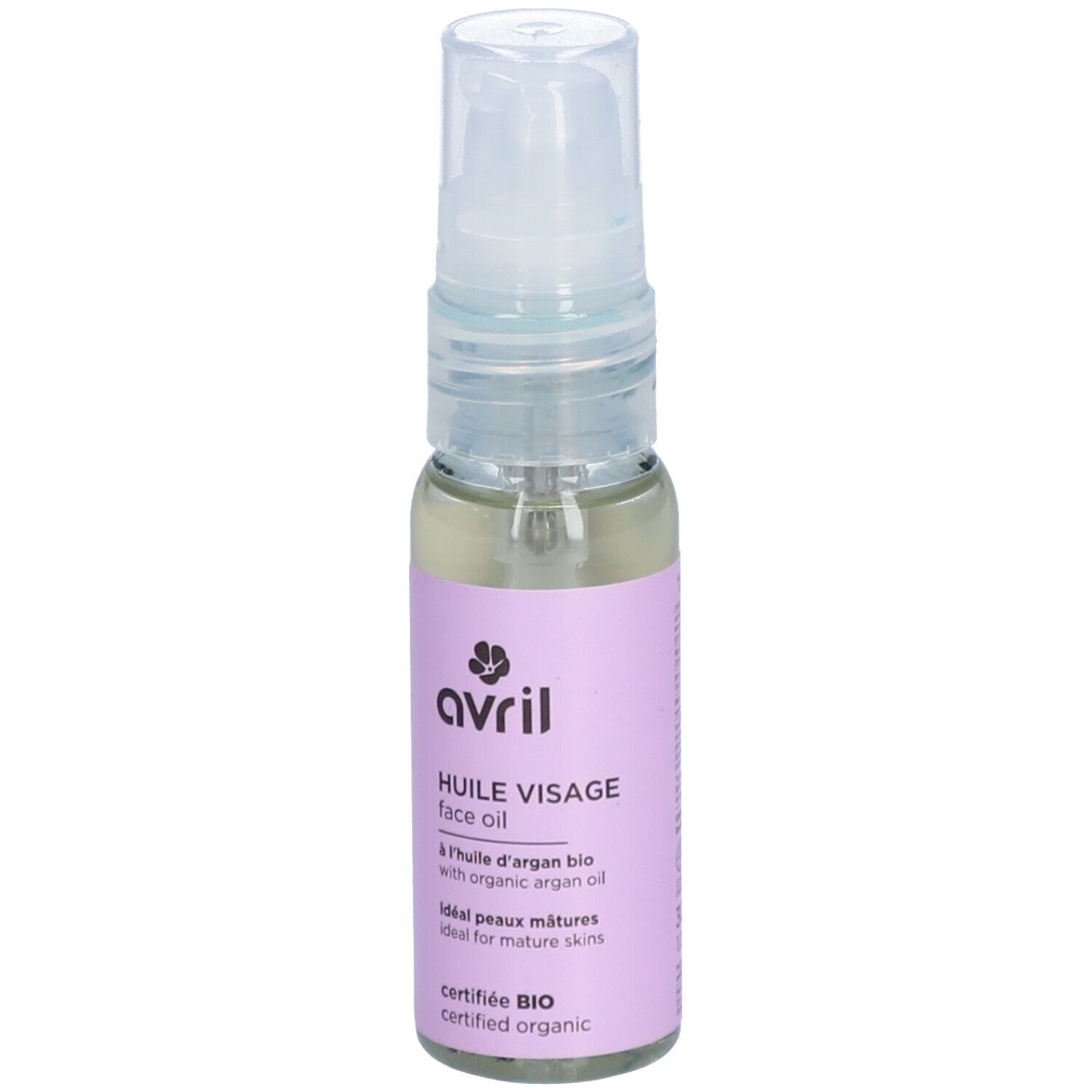 Klarflüssiges Öl in einer kleinen Flasche mit Sprühkopf. Aufschrift: avril, Huile Visage, zertifiziert BIO.