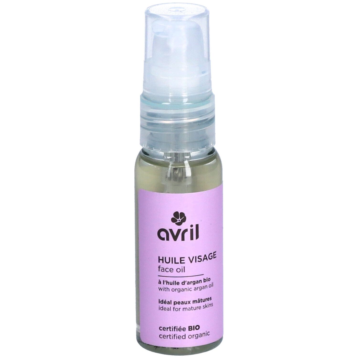 Klarflüssiges Öl in einer kleinen Flasche mit Sprühkopf. Aufschrift: avril, Huile Visage, zertifiziert BIO.