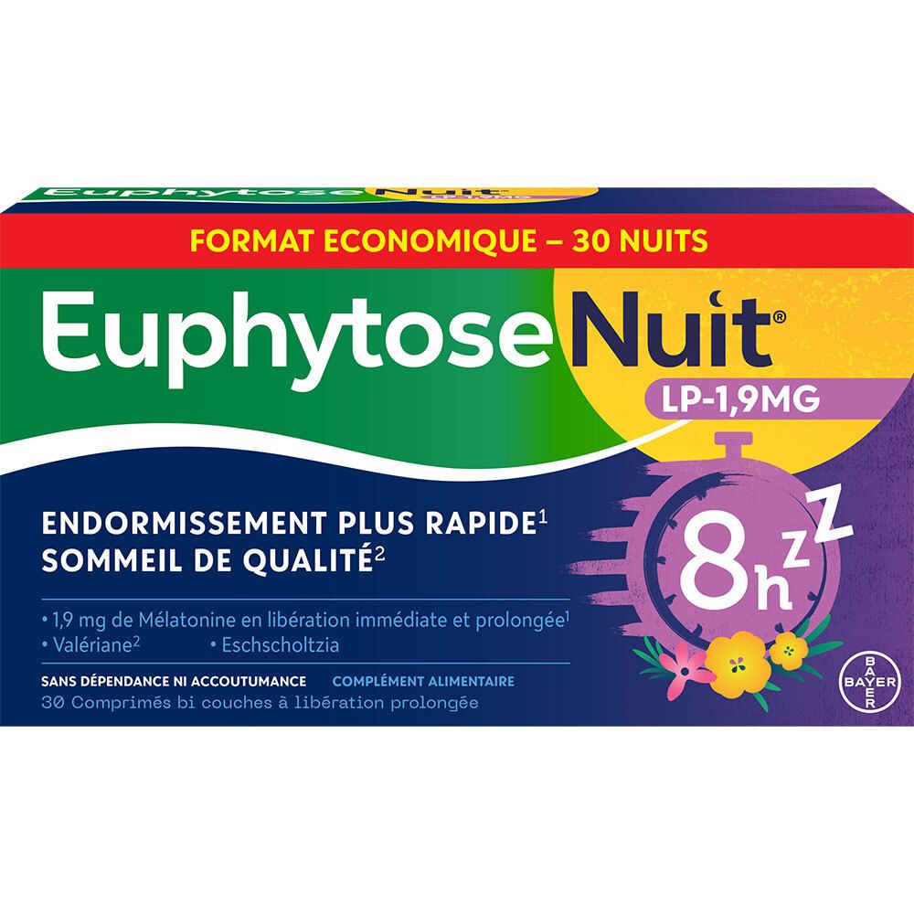 Boîte Euphytose Nuit, 30 comprimés. Inscription: LP-1,9MG, 8h sommeil, sans dépendance. Logo Bayer.