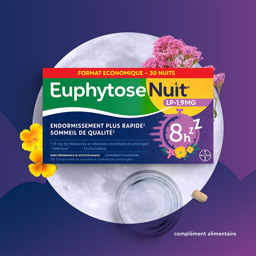 Emballage Euphytose Nuit, 30 comprimés. Fond: lune, fleurs. Inscription: LP-1,9MG, 8h sommeil.
