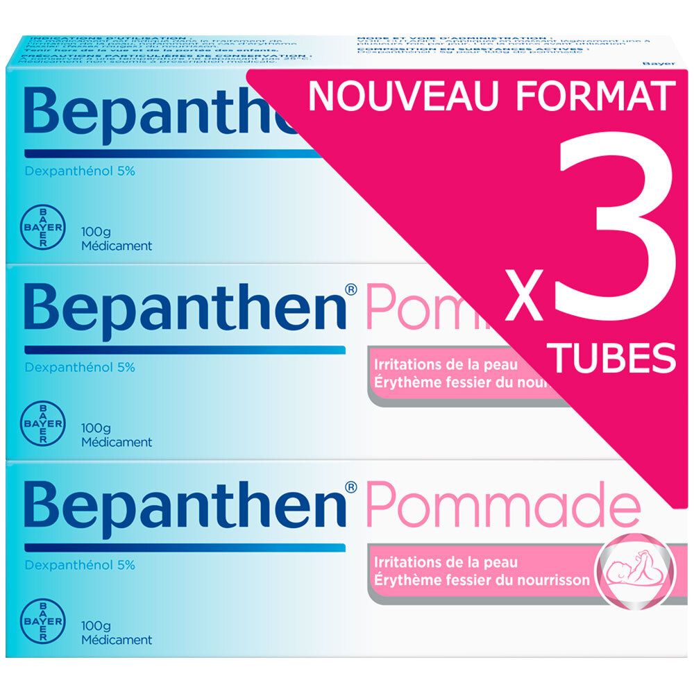 Boîte de trois tubes de Bepanthen® Pommade. Accent rose, texte : « NOUVEAU FORMAT » et « 3 TUBES ».