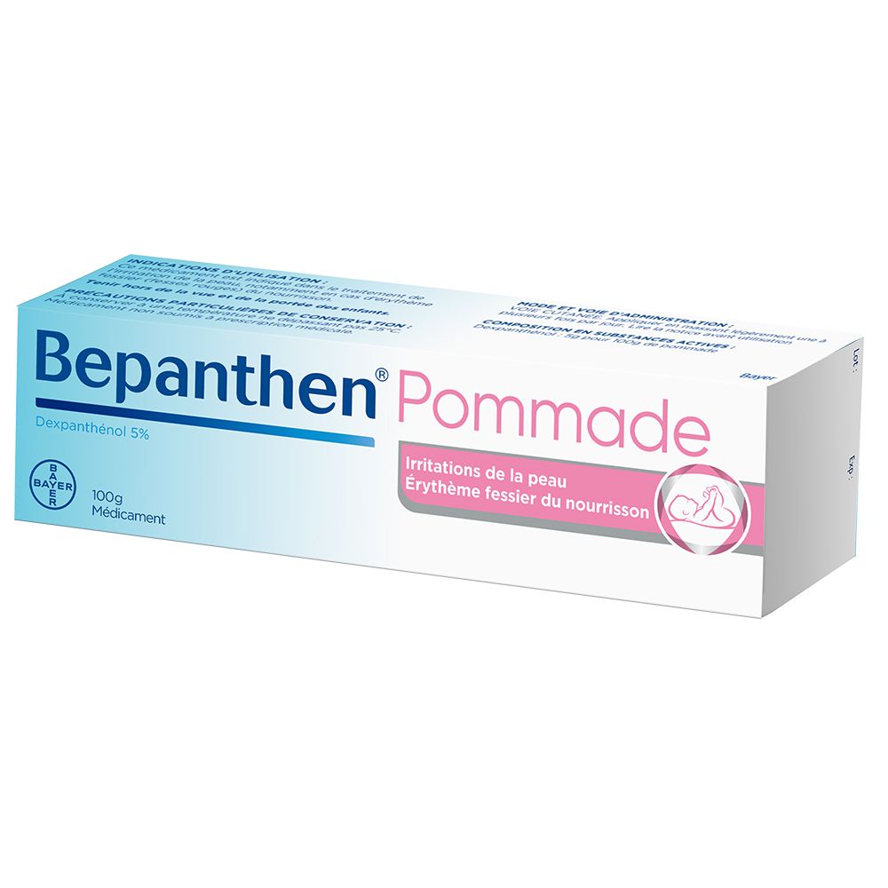 Boîte de Bepanthen® Pommade. Couleurs bleu et blanc. Texte : « Dexpanthenol 5% » et « 100g Médicament ».