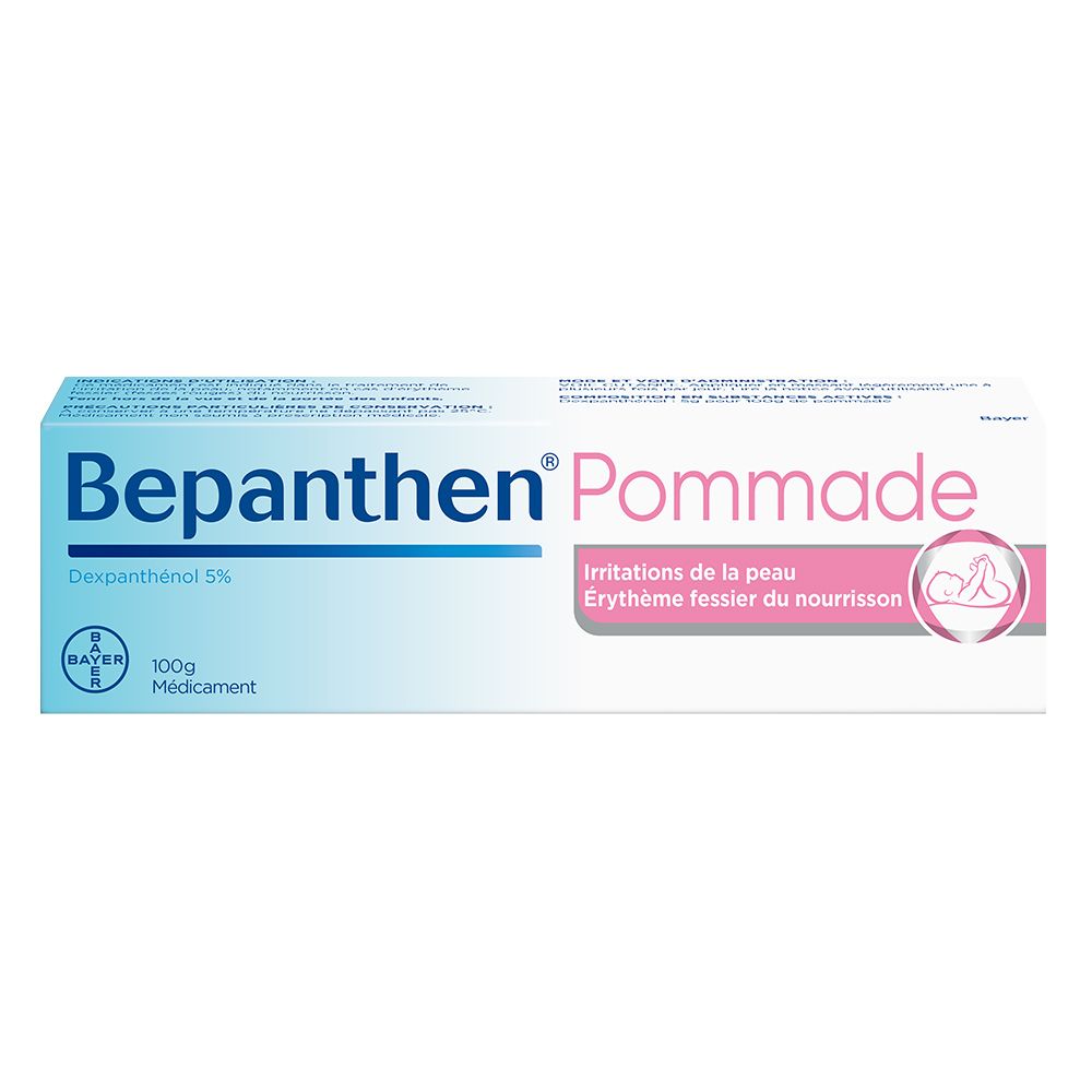 Boîte de Bepanthen® Pommade. Couleurs bleu et blanc. Texte : « Dexpanthenol 5% » et « 100g Médicament ».