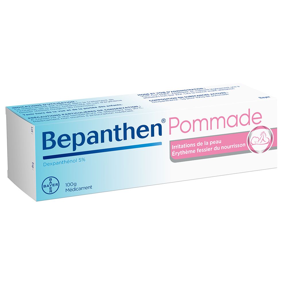 Boîte de Bepanthen® Pommade. Couleurs bleu et blanc. Texte : « Dexpanthenol 5% » et « 100g Médicament ».