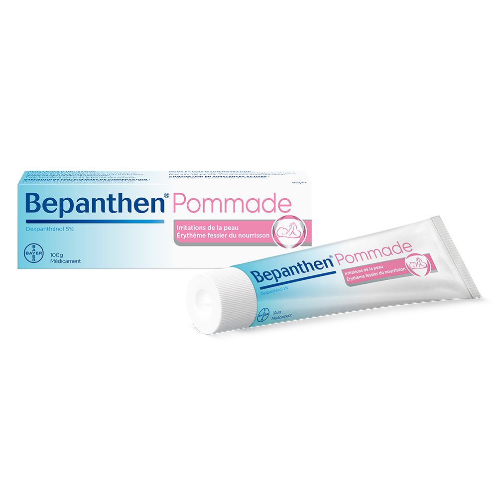 Boîte et tube de Bepanthen® Pommade. Tube blanc, bleu et rose. Texte : « Dexpanthenol 5% » et « 100g Médicament ».