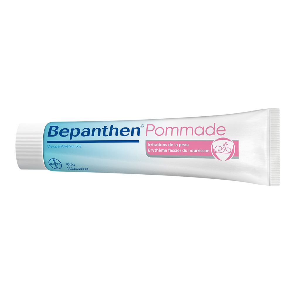 Tube de Bepanthen® Pommade. Blanc, bleu et rose. Texte : « Dexpanthenol 5% » et « 100g Médicament ».