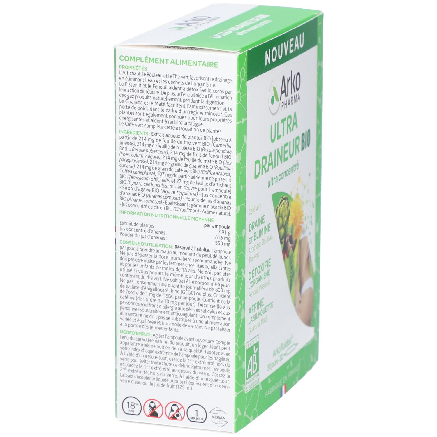 Boîte avec informations produit: ingrédients, conseils d'utilisation, valeurs nutritionnelles. Logo Arkopharma et certification AB.