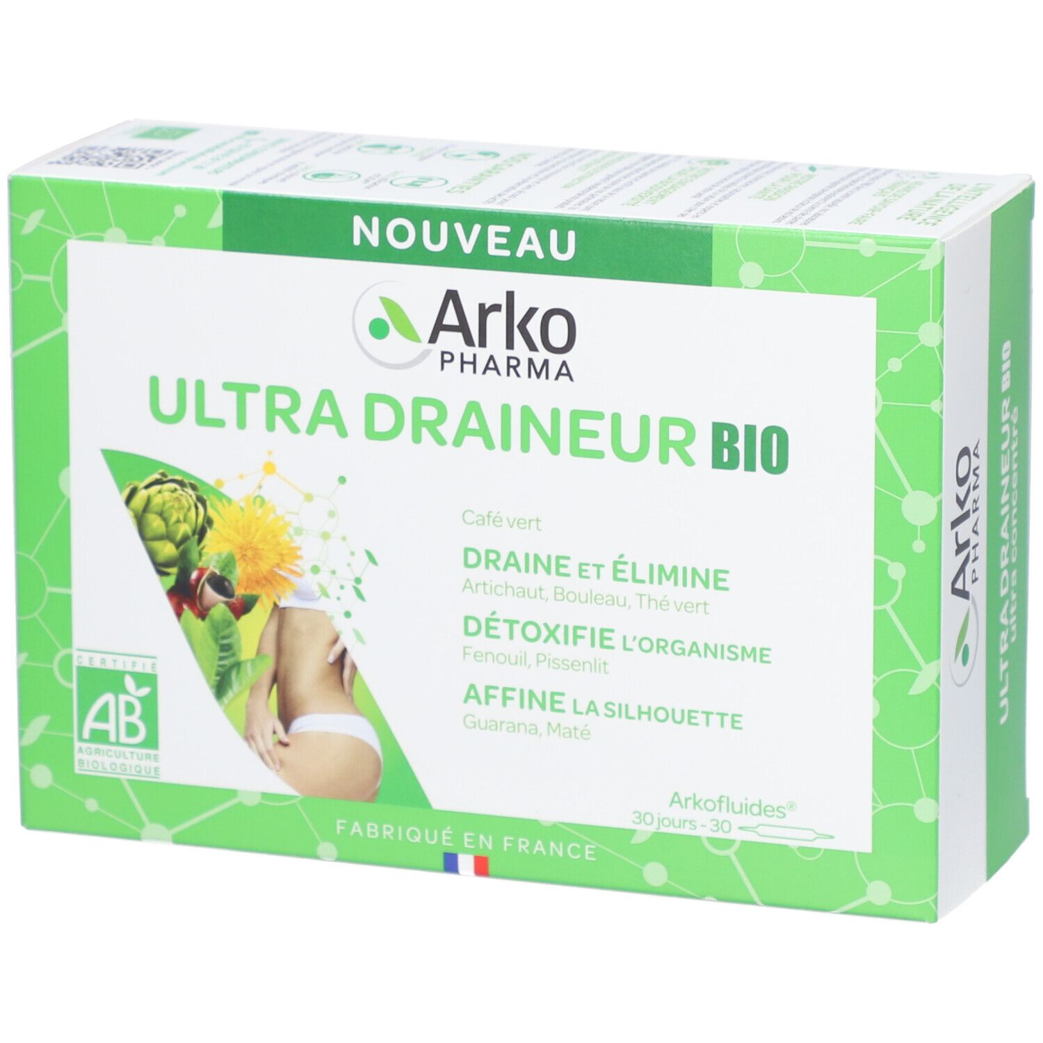 Boîte verte avec ULTRA DRAINEUR BIO. Logo Arkopharma. Certification AB. Illustration femme et plantes. Fabriqué en France.