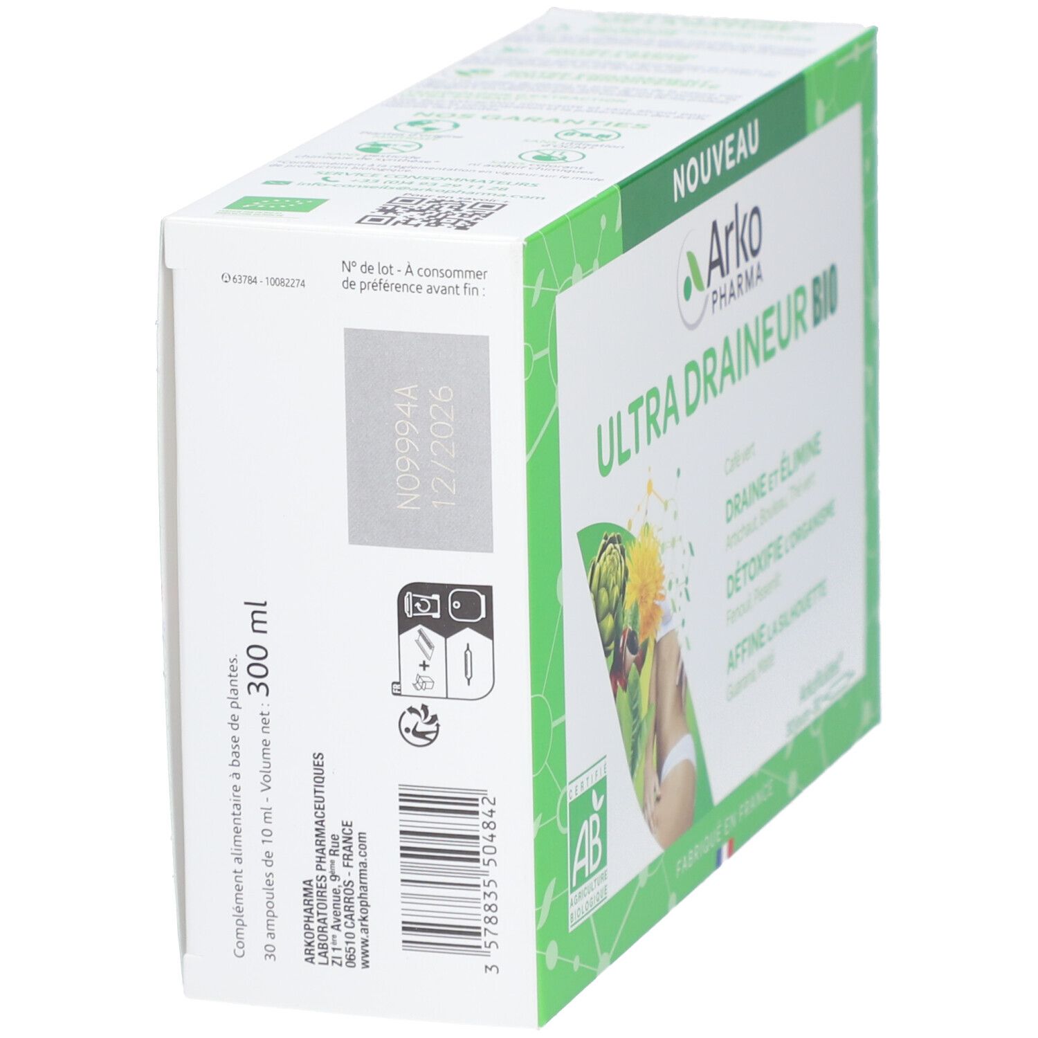 Boîte avec ULTRA DRAINEUR BIO. Logo Arkopharma. Volume 300 ml. Certification AB. Date de péremption.