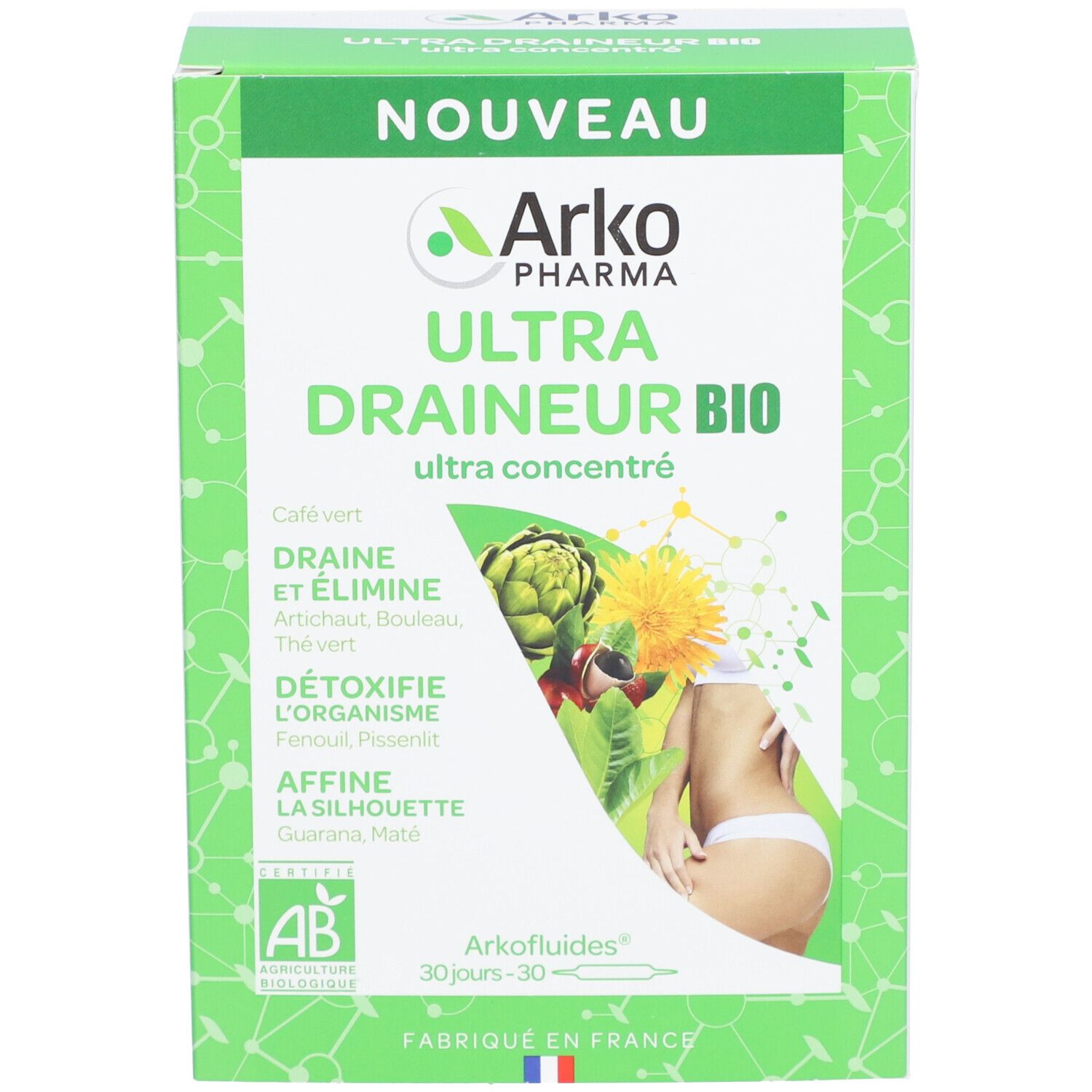 Boîte verte avec ULTRA DRAINEUR BIO. Logo Arkopharma. Certification AB. Illustration femme et plantes. Fabriqué en France.