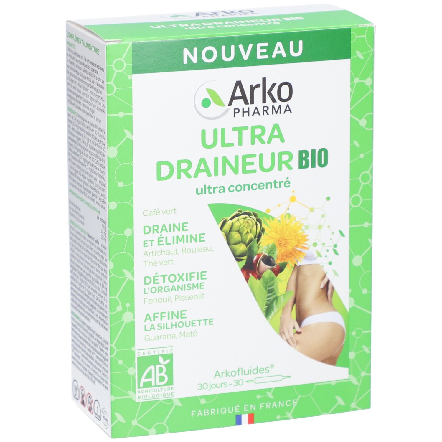 Boîte verte avec ULTRA DRAINEUR BIO. Logo Arkopharma. Certification AB. Illustration femme et plantes. Fabriqué en France.