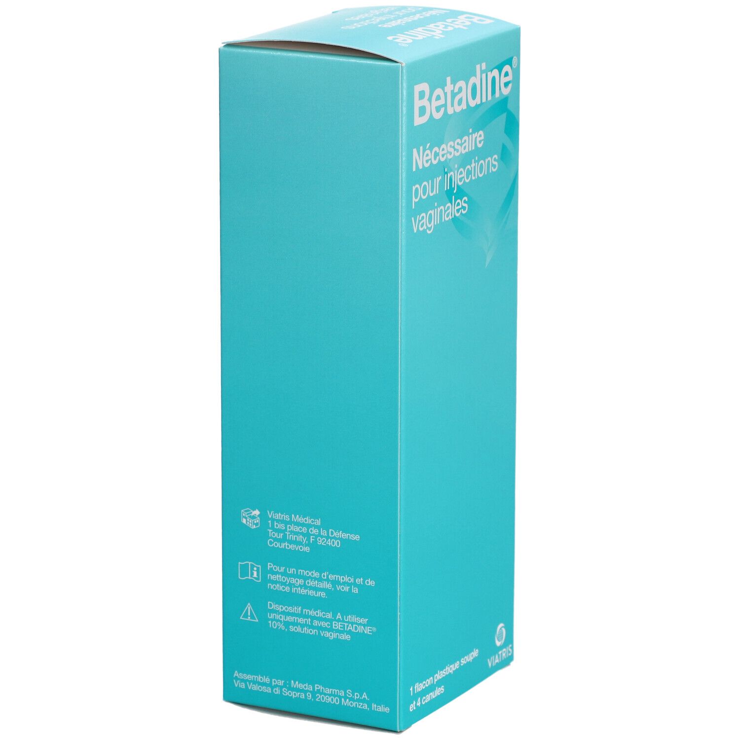 Boîte turquoise. Inscription: Betadine, Nécessaire pour injections vaginales. Contient 1 flacon et 4 canules. Informations fabricant.