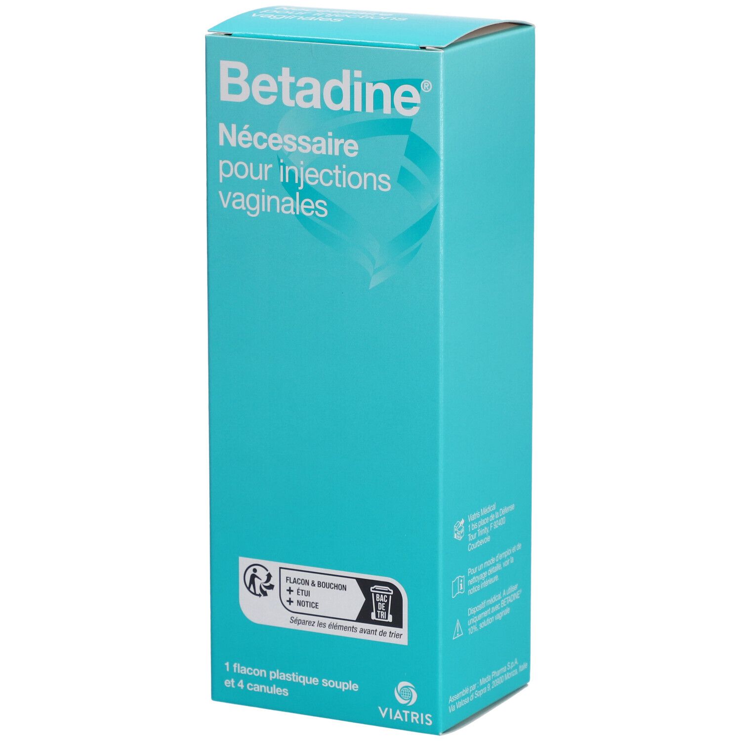 Boîte turquoise. Inscription: Betadine, Nécessaire pour injections vaginales. Contient 1 flacon et 4 canules. Fabricant: Viatris.