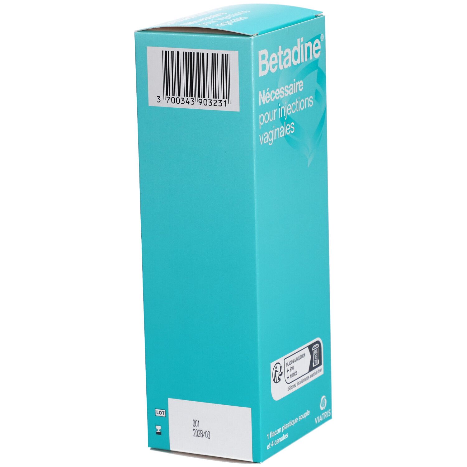Boîte turquoise. Inscription: Betadine, Nécessaire pour injections vaginales. Code-barres et informations fabricant. Contient 1 flacon et 4 canules.