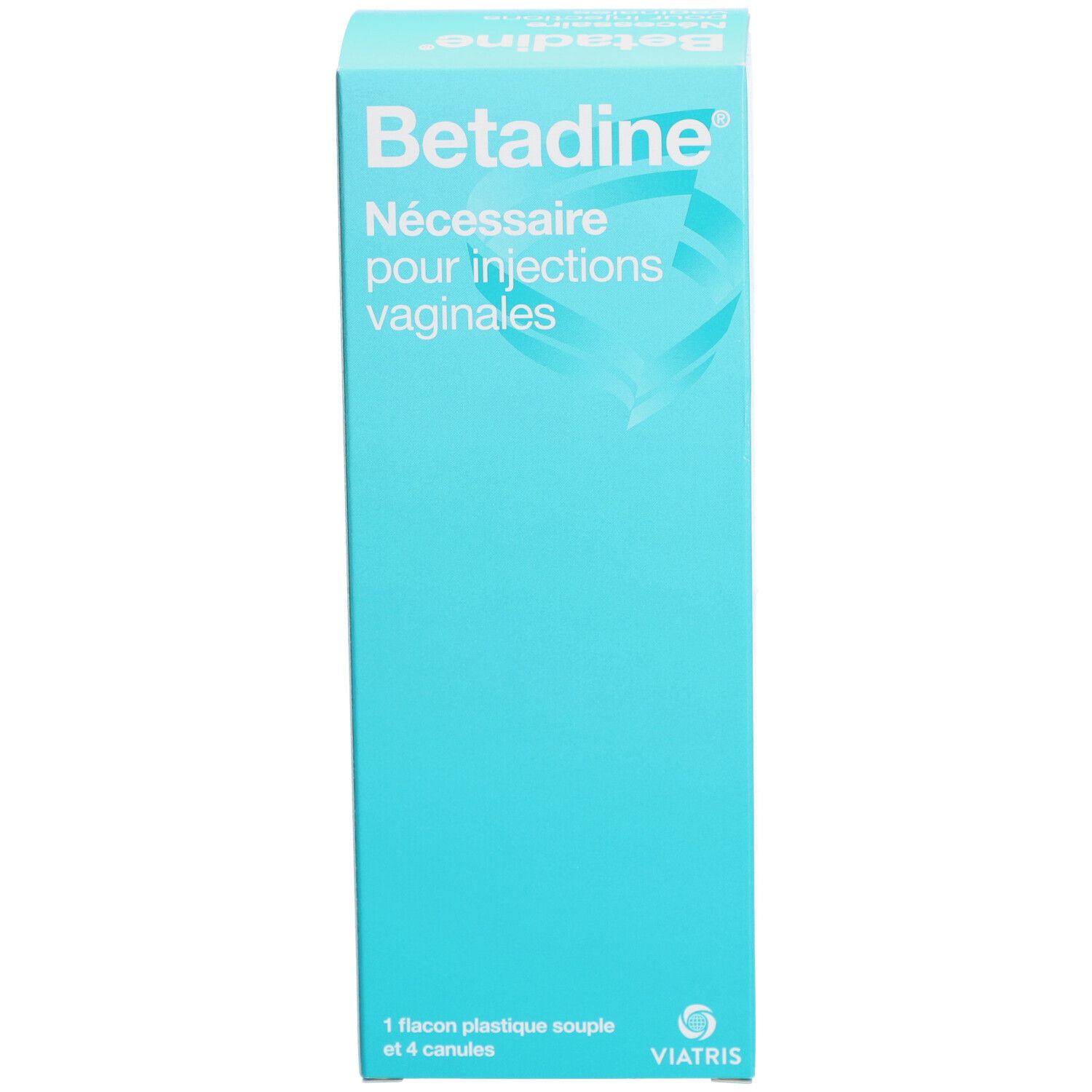 Boîte turquoise. Inscription: Betadine, Nécessaire pour injections vaginales. Contient 1 flacon et 4 canules. Fabricant: Viatris.