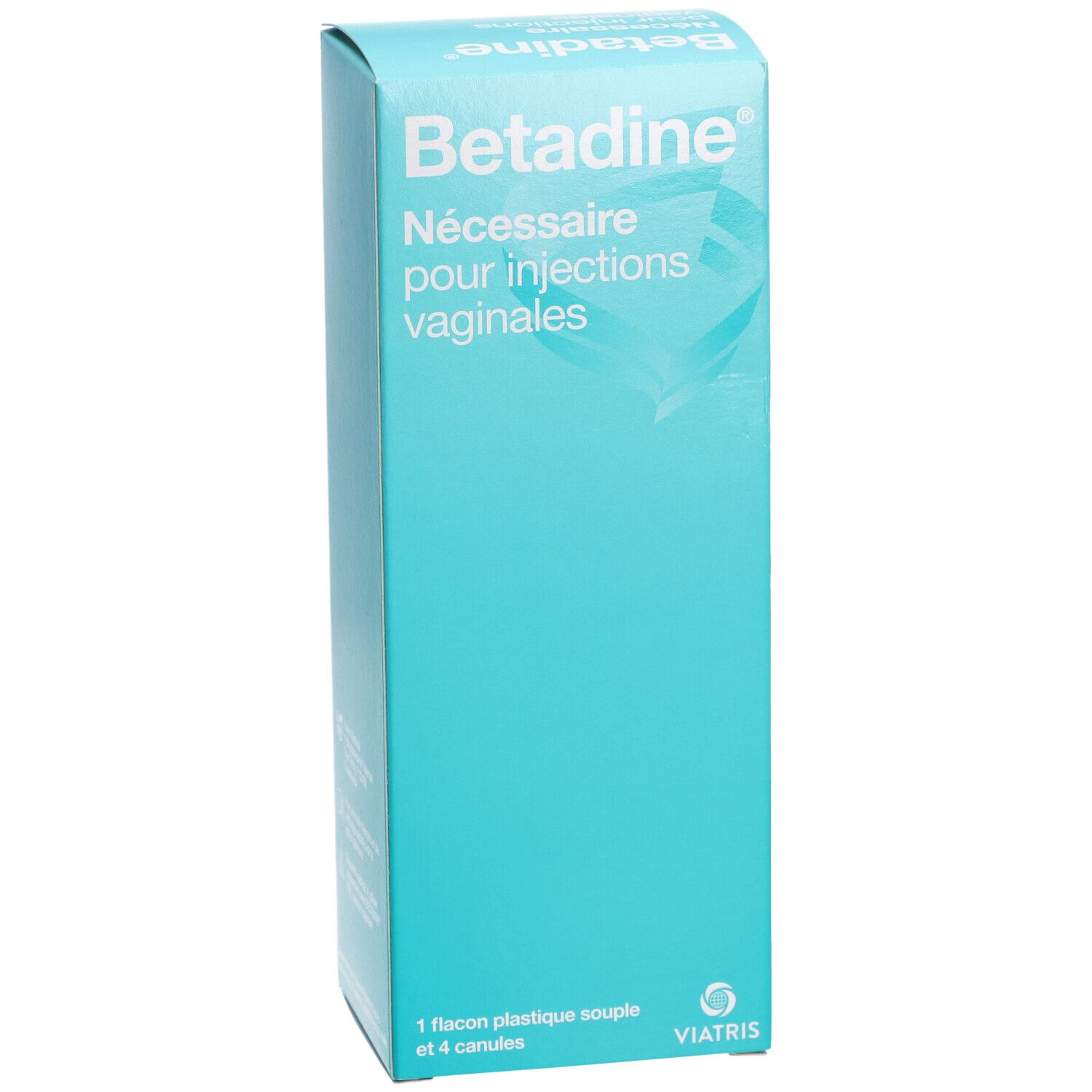 Boîte turquoise. Inscription: Betadine, Nécessaire pour injections vaginales. Contient 1 flacon et 4 canules. Fabricant: Viatris.