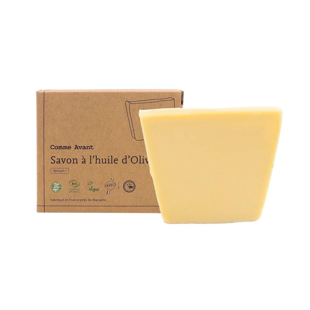 Braune Schachtel mit Seife "Savon à l'huile d'Olive". Eckige Seife, hellgelb. Bio-Zertifizierung.