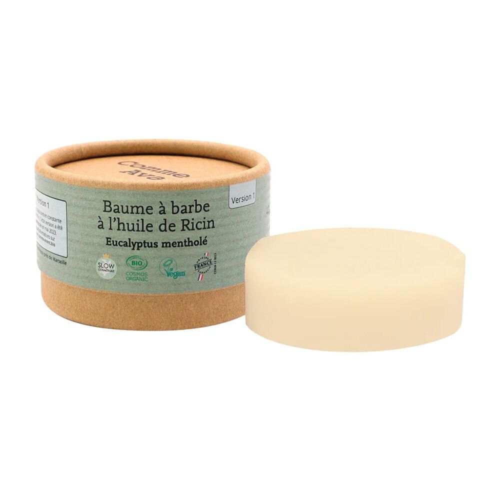 Bartbalsam "Comme Avant" in brauner Dose. Runder Balsam, hell. Bio-Zertifizierung.