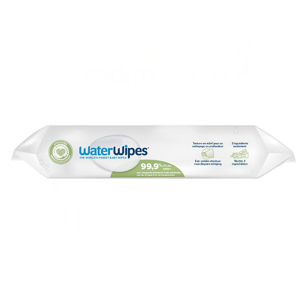 Paquet WaterWipes. Texte : 99,9% d'eau. 3 ingrédients. Sans parfum. Pour peaux sensibles.