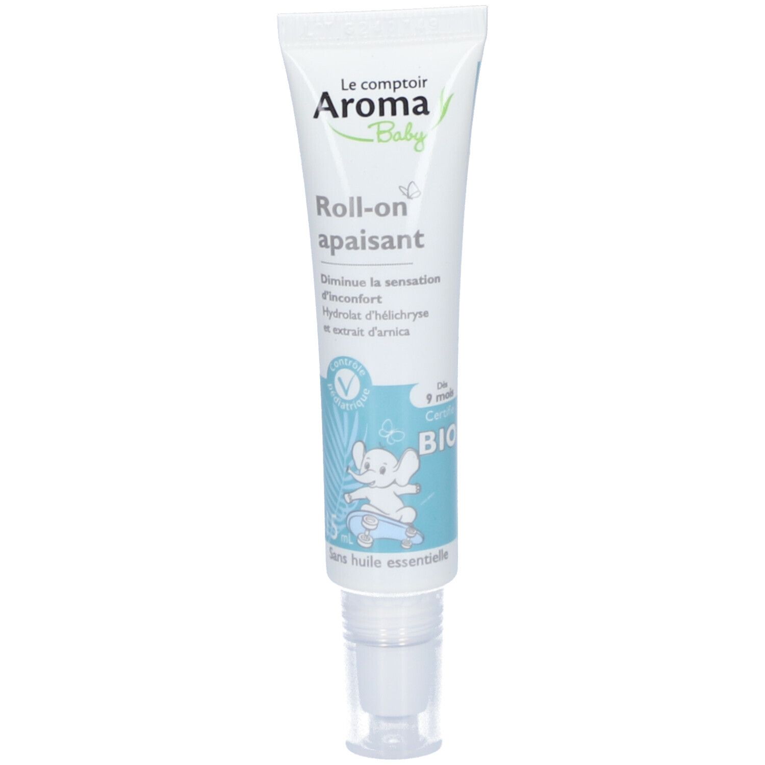 Tube roll-on blanc. Inscription: Le comptoir Aroma Baby. Roll-on apaisant. Certifié BIO.