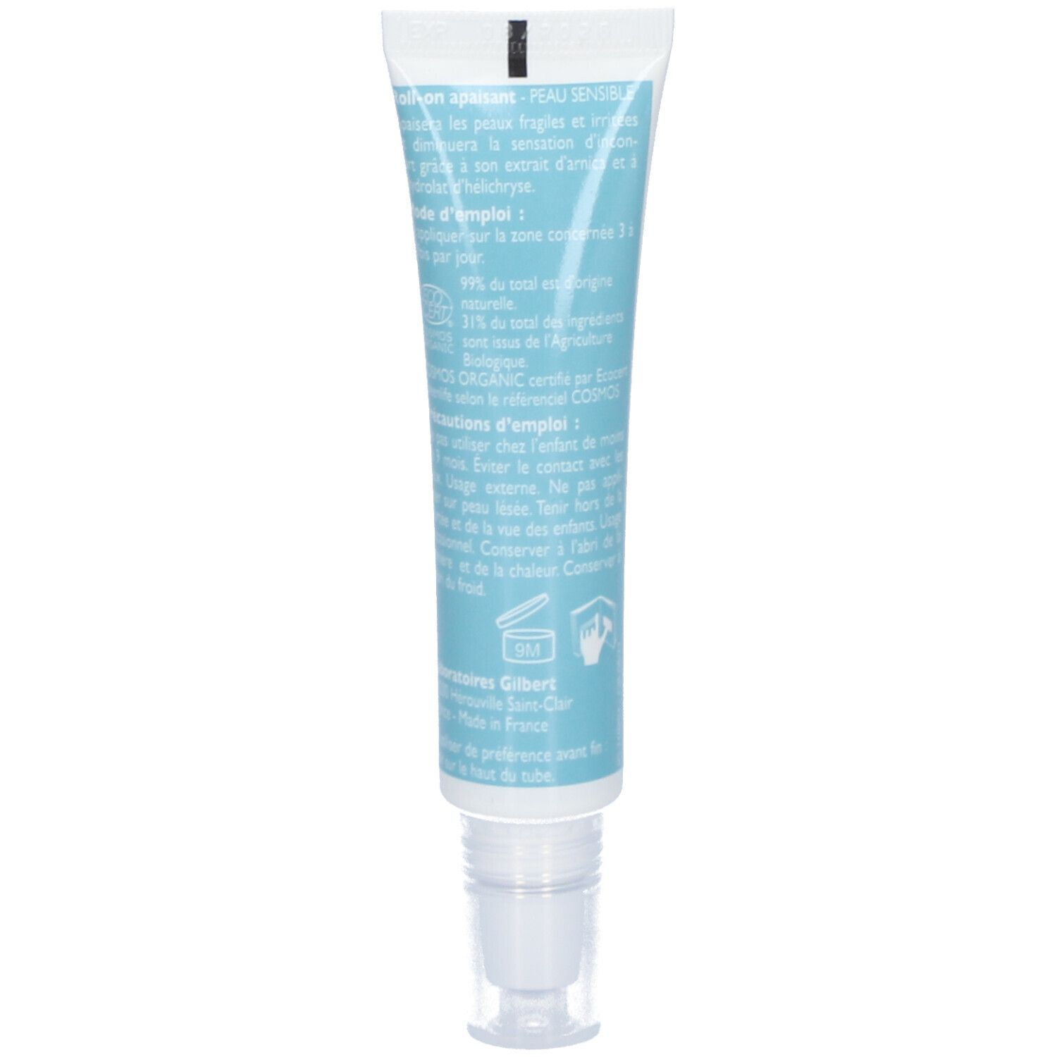 Dos du tube roll-on. Texte: conseils d'utilisation, ingrédients, informations fabricant.