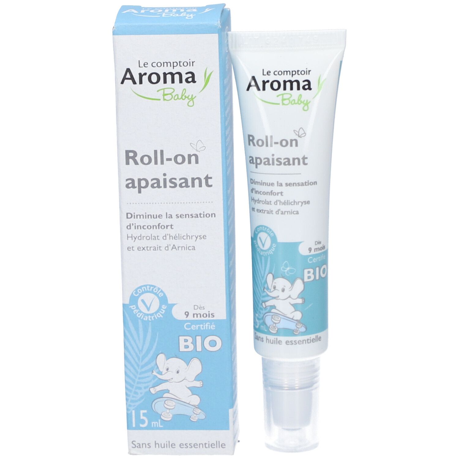 Emballage et tube roll-on. Inscription: Le comptoir Aroma Baby. Roll-on apaisant. Certifié BIO.