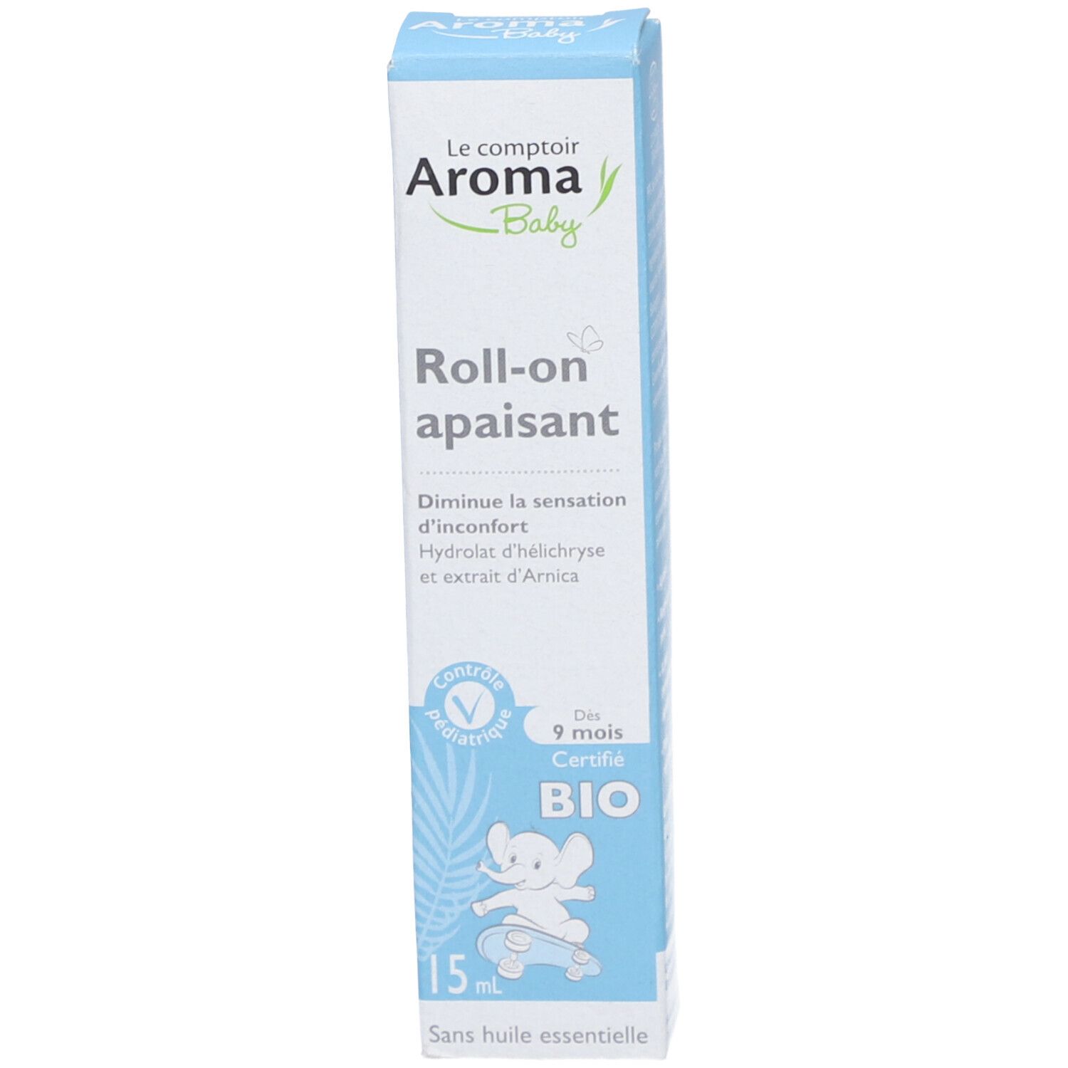 Emballage du produit. Inscription: Le comptoir Aroma Baby. Roll-on apaisant. Certifié BIO.