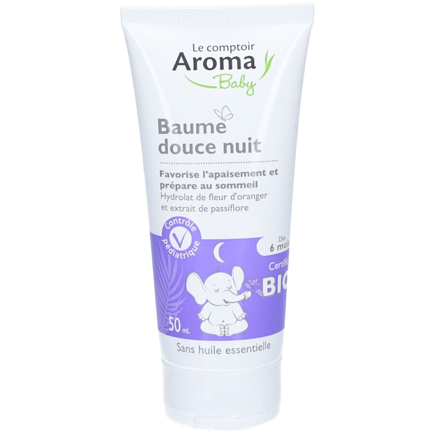 Tube de crème. Texte "Le comptoir Aroma Baby" et "Baume douce nuit". Certifié bio. Illustration d'éléphant et lune.