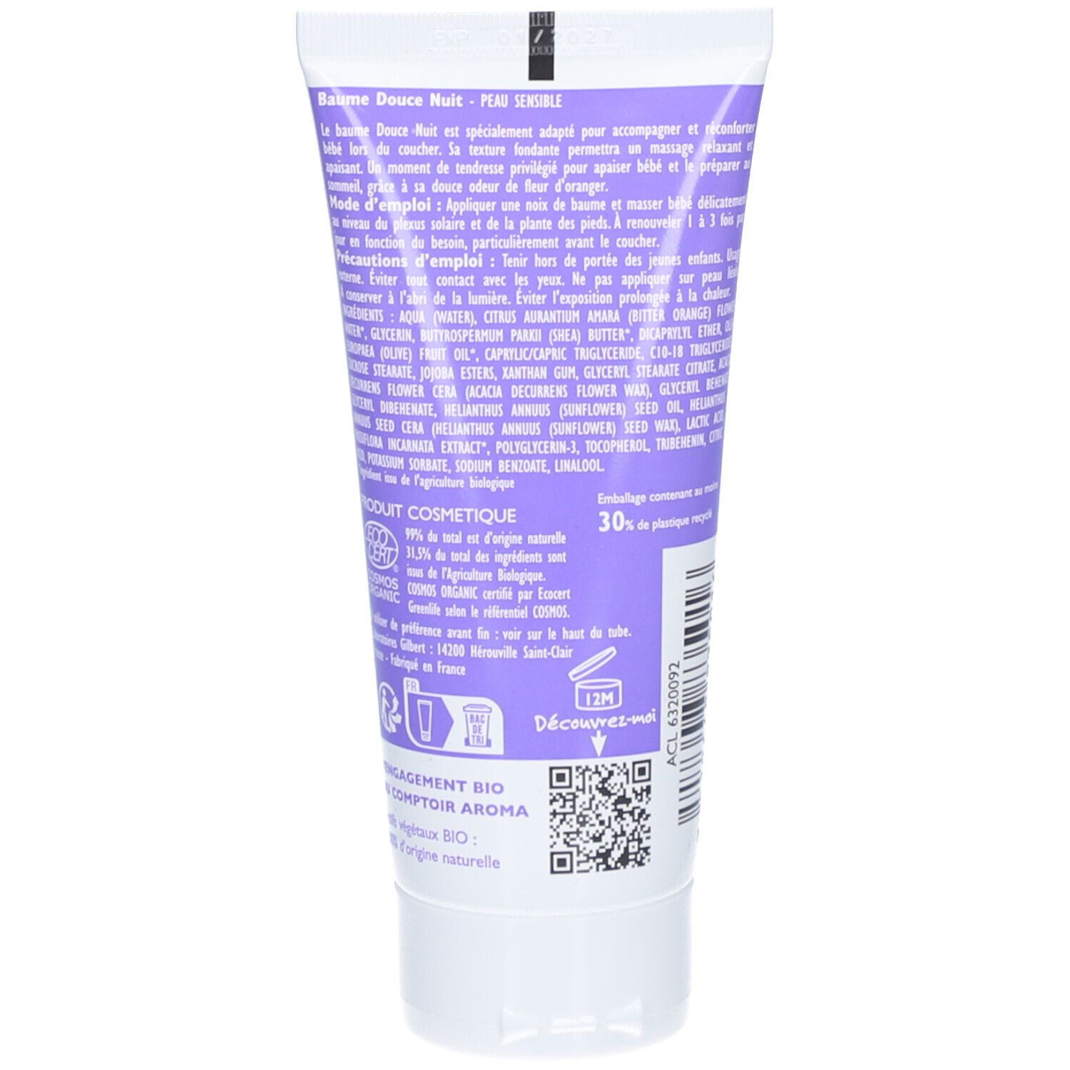 Dos du tube. Informations textuelles sur le produit. Certification bio. Code QR et autres logos.