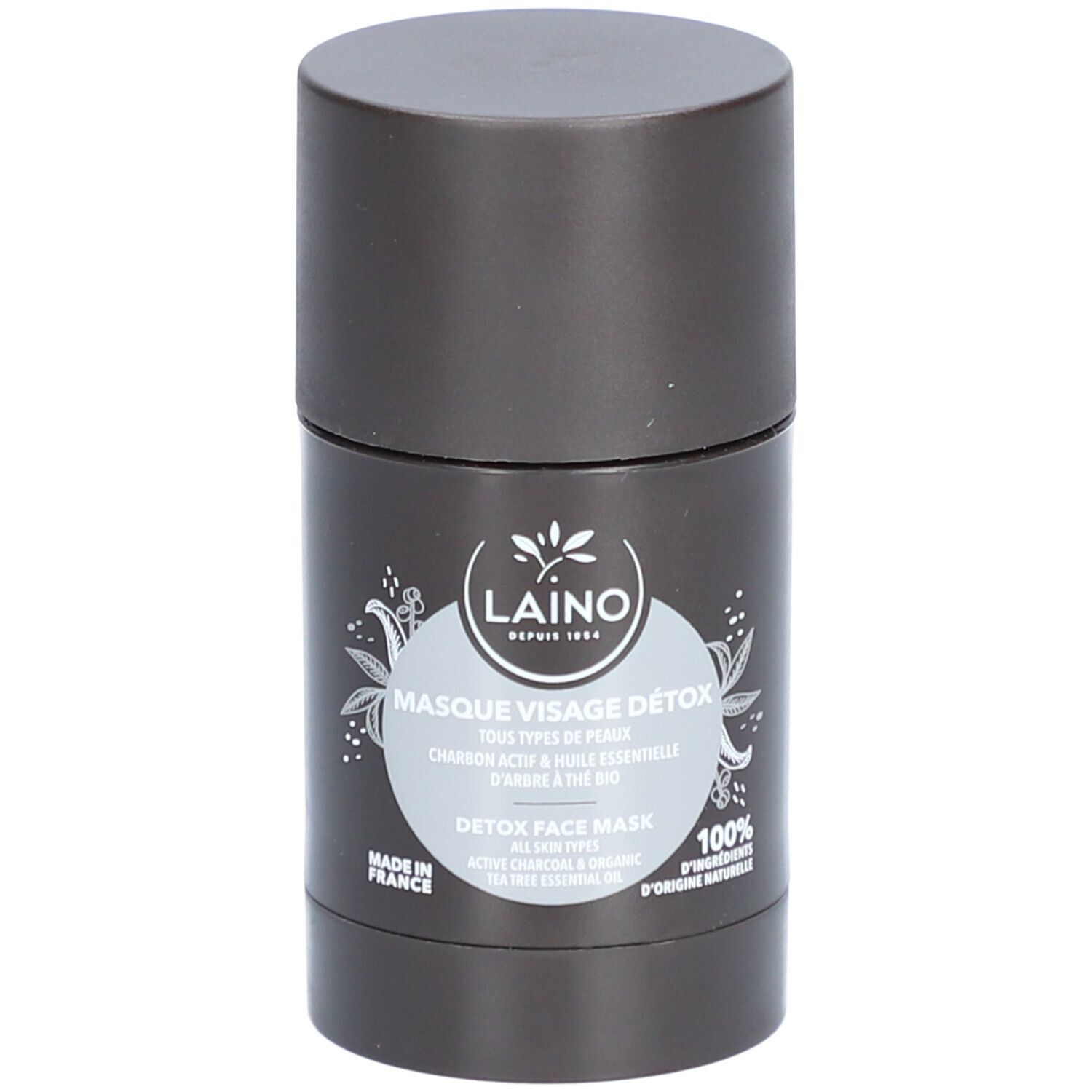 Emballage cylindrique avec logo Laino et inscription 'Masque Visage Détox'.