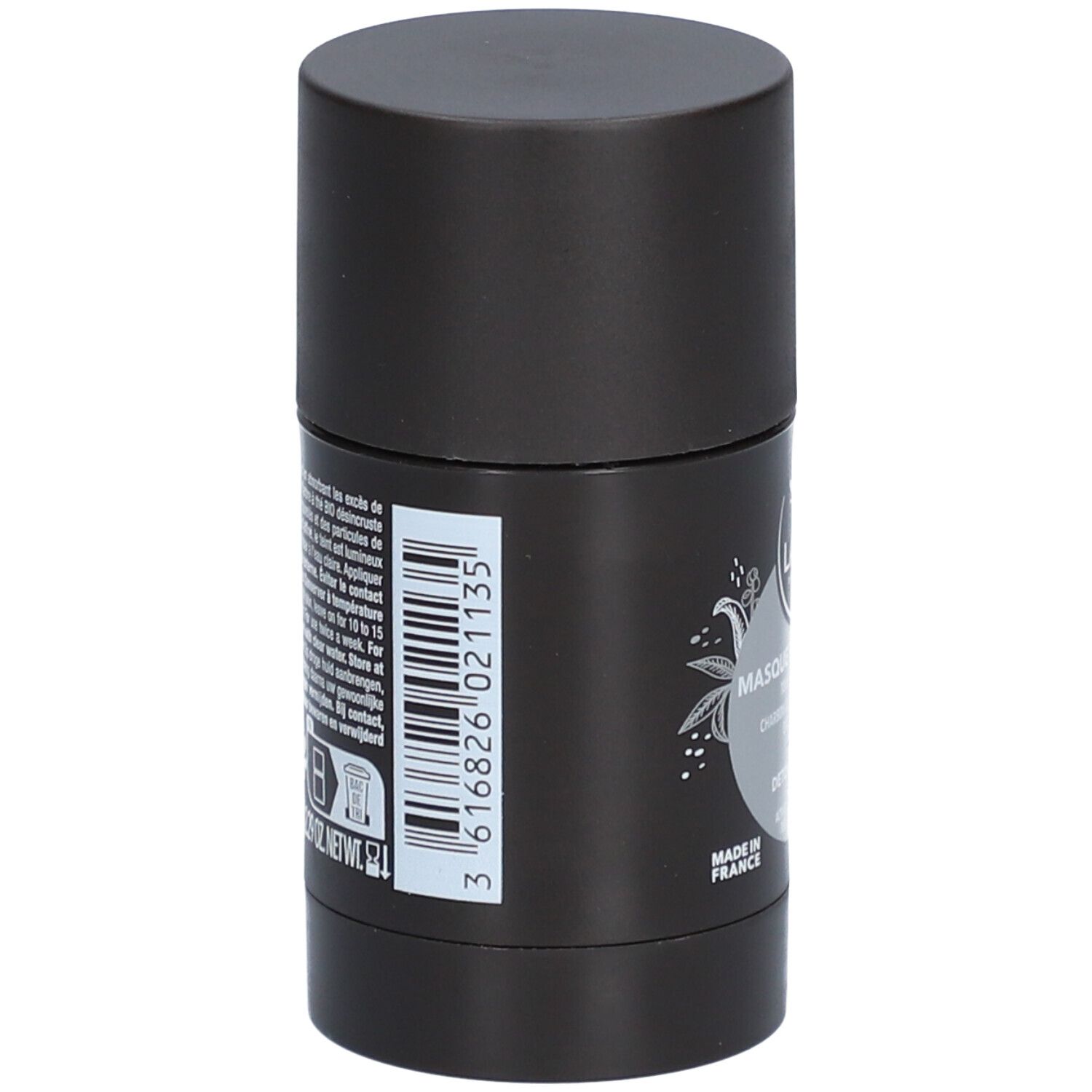 Emballage cylindrique gris. Impression avec code-barres et informations produit.