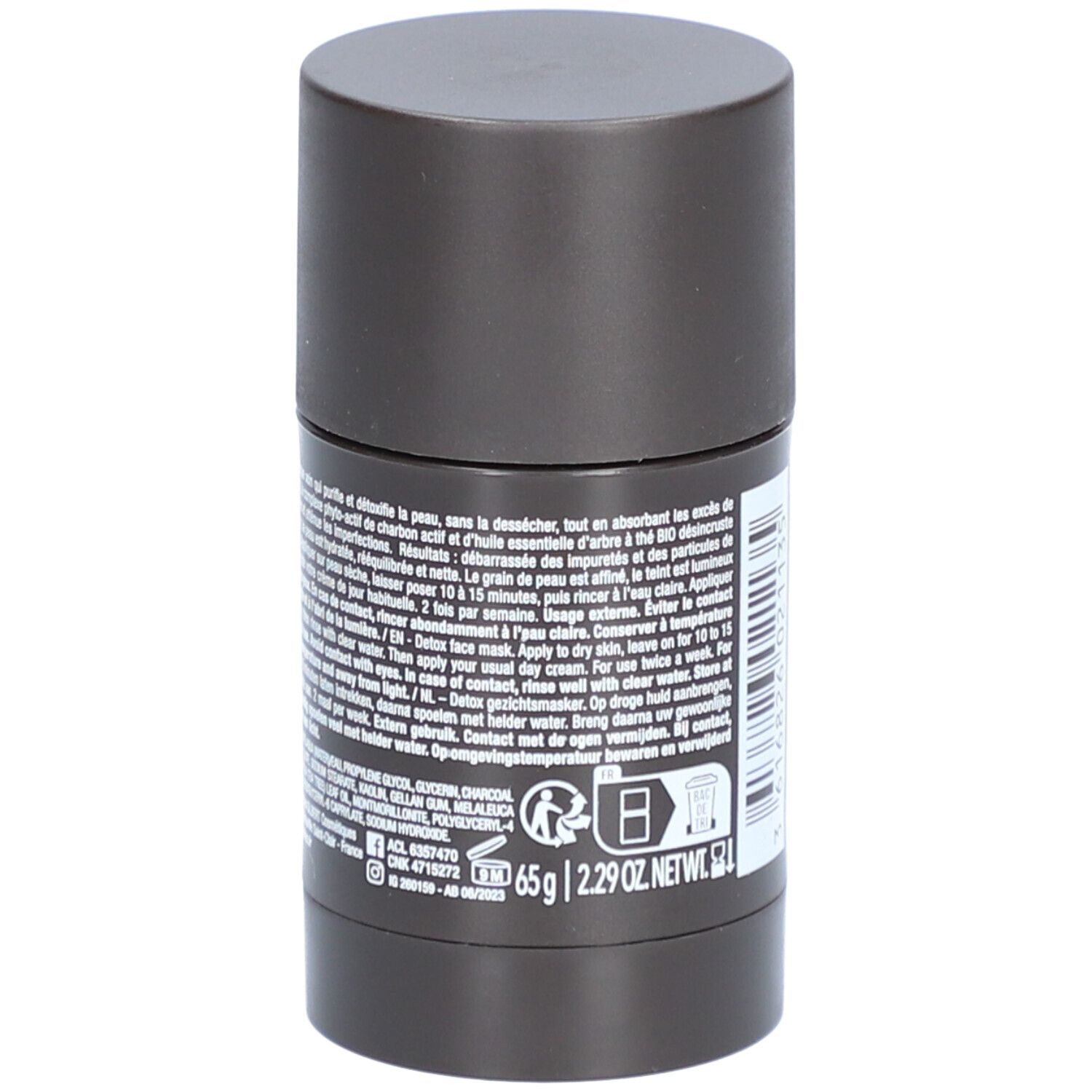 Emballage cylindrique avec informations produit et ingrédients.