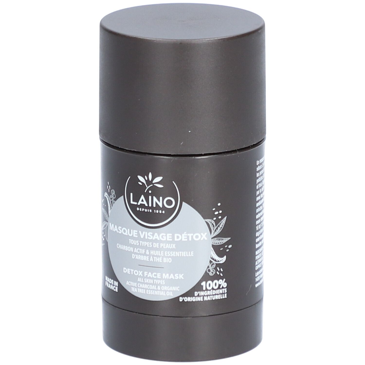 Emballage cylindrique avec logo et inscription 'Masque Visage Détox'.