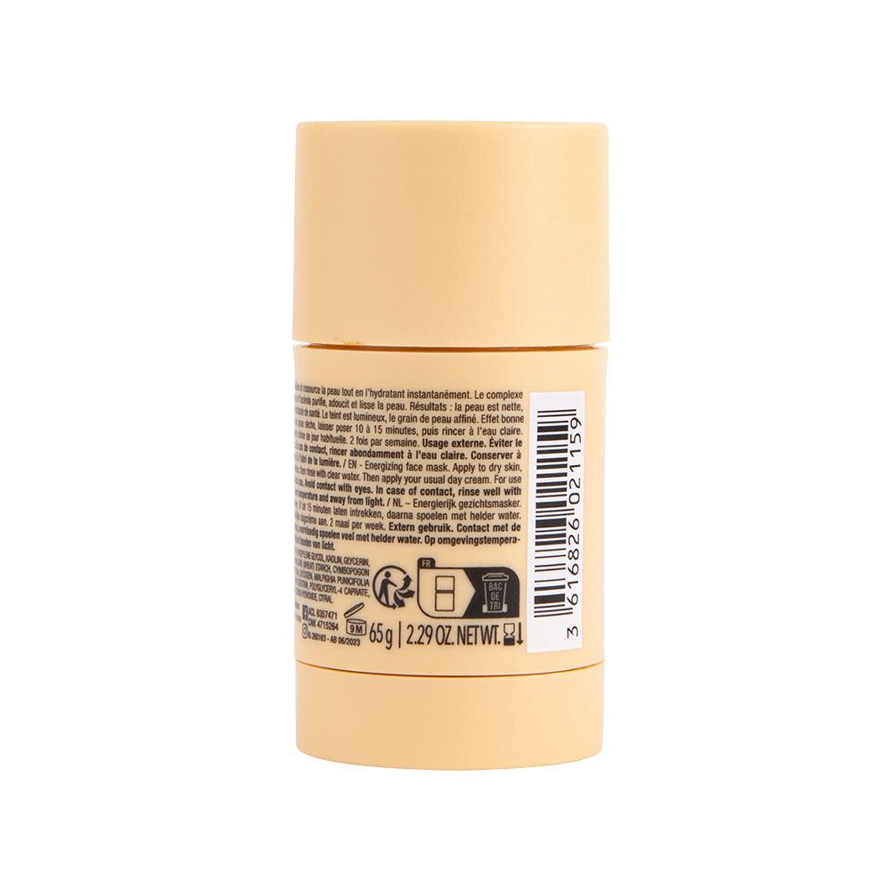 Rückseite der gelben Verpackung. Text in mehreren Sprachen. Angaben zu Inhaltsstoffen und Hersteller.