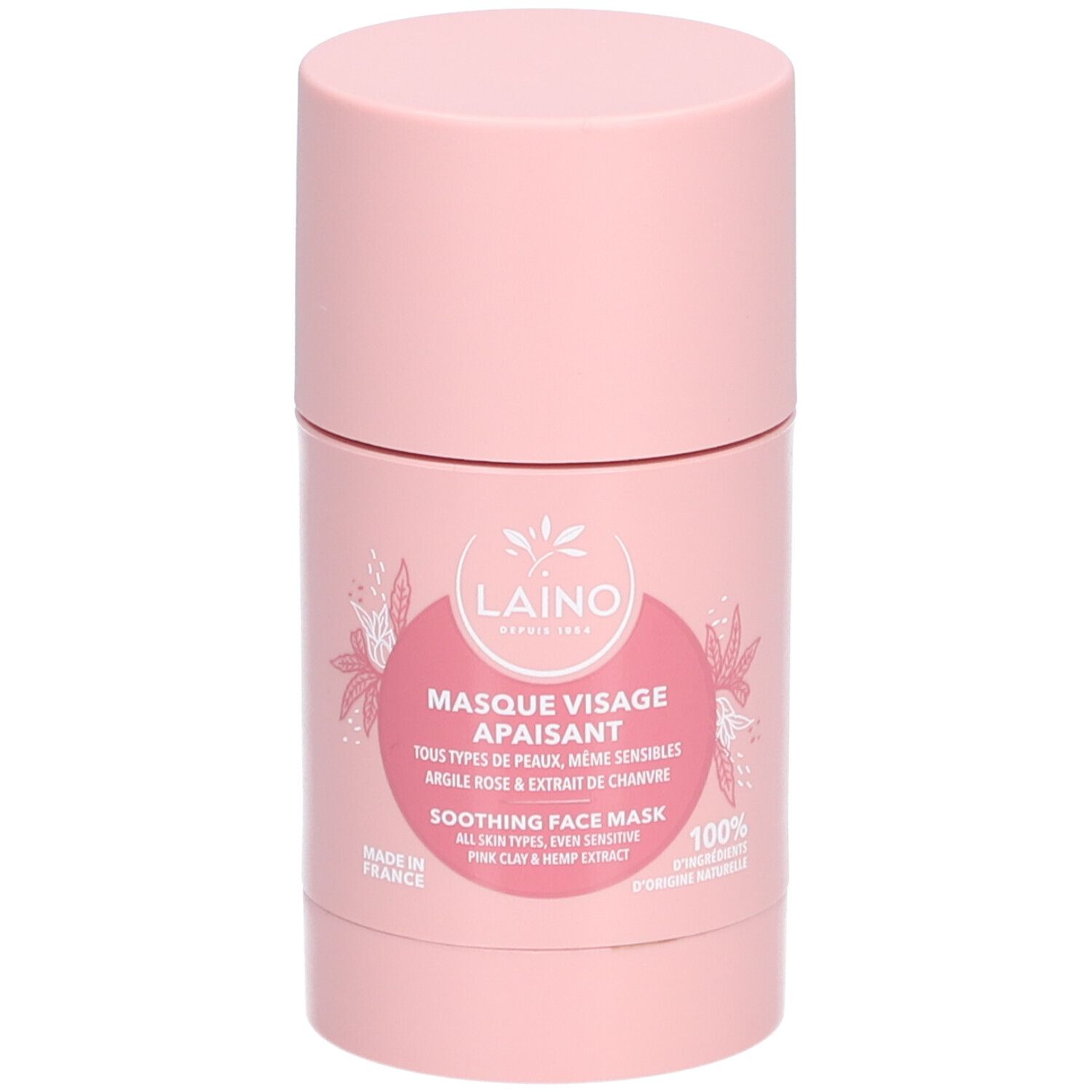 Emballage cylindrique rose. Inscriptions: LAINO, MASQUE VISAGE APAISANT, SOOTHING FACE MASK. Design floral.