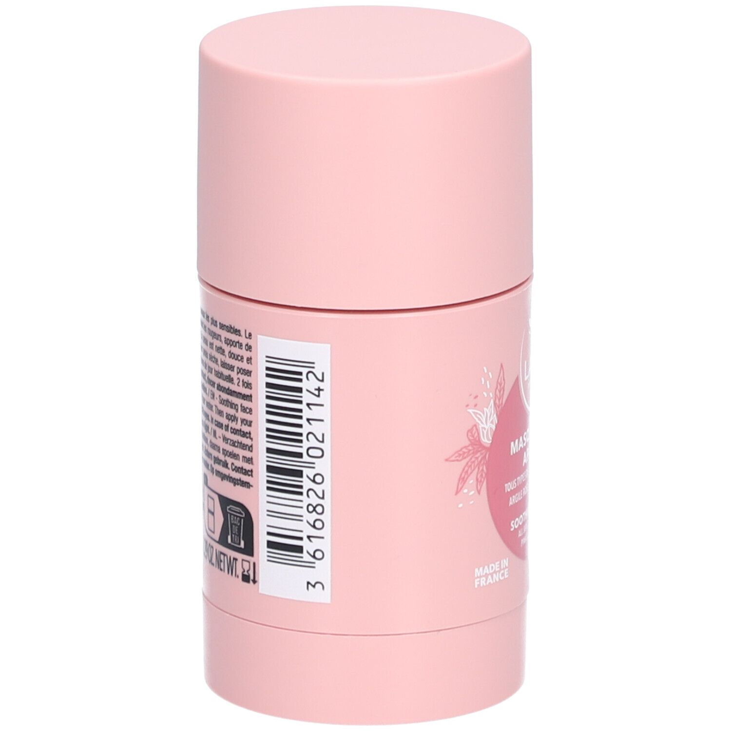 Emballage cylindrique rose. Code-barres et texte sur le côté. Inscriptions: MASQUE VISAGE APAISANT, SOOTHING FACE MASK.