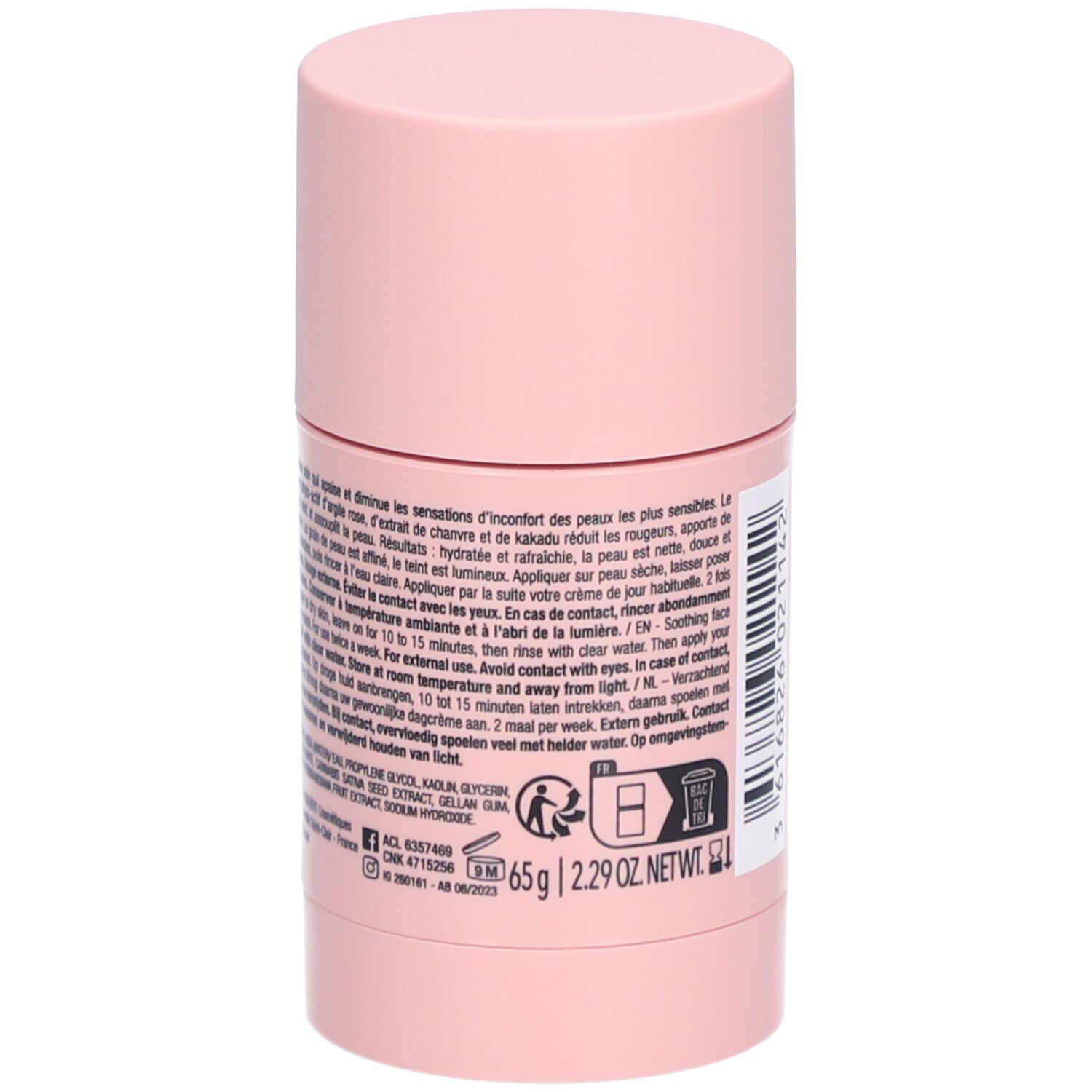 Emballage cylindrique rose. Inscriptions: 65g 2.29 OZ. NET WT. Texte et symboles. Inscriptions: MASQUE VISAGE APAISANT, SOOTHING FACE MASK.