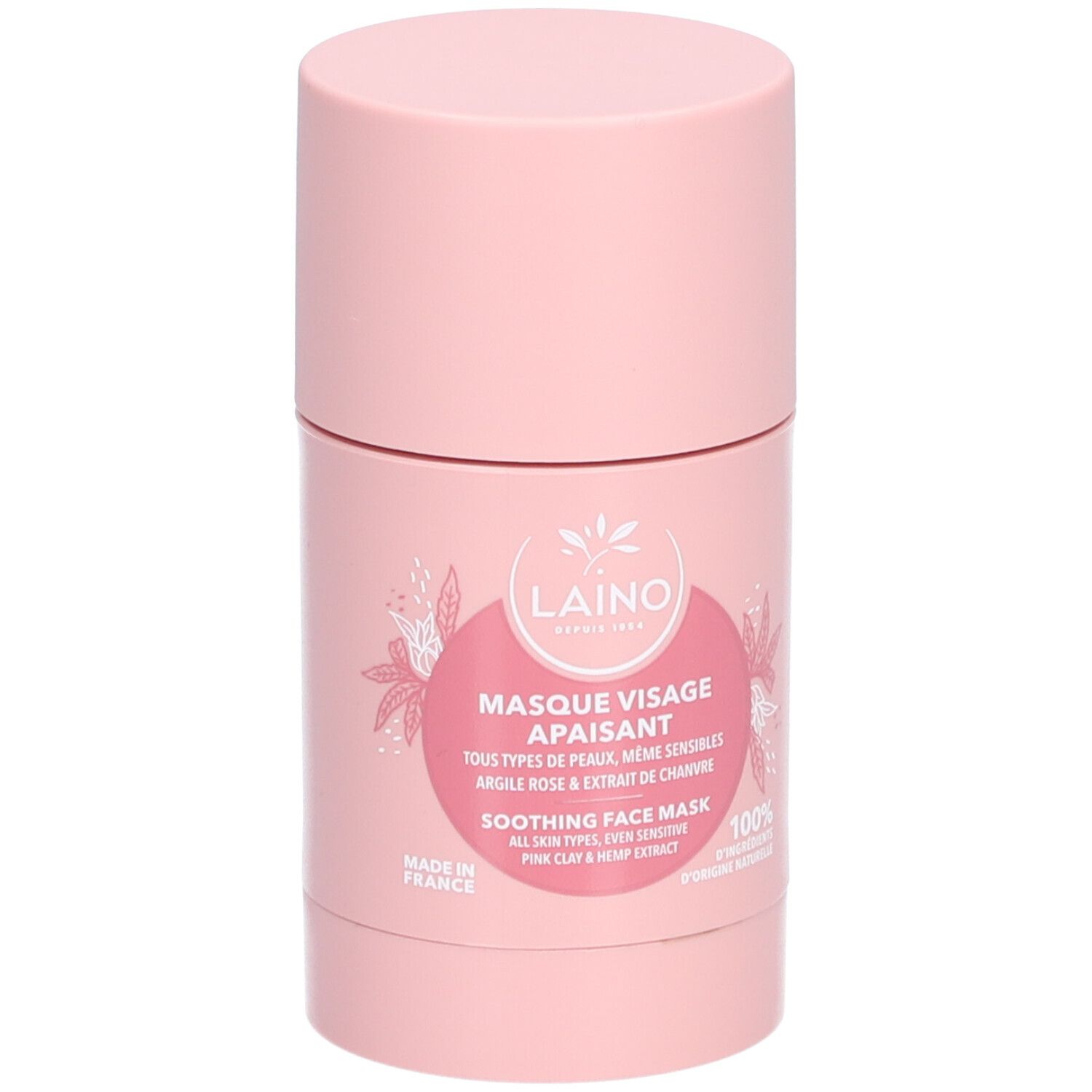 Emballage cylindrique rose. Inscriptions: LAINO, MASQUE VISAGE APAISANT, SOOTHING FACE MASK. Design floral.