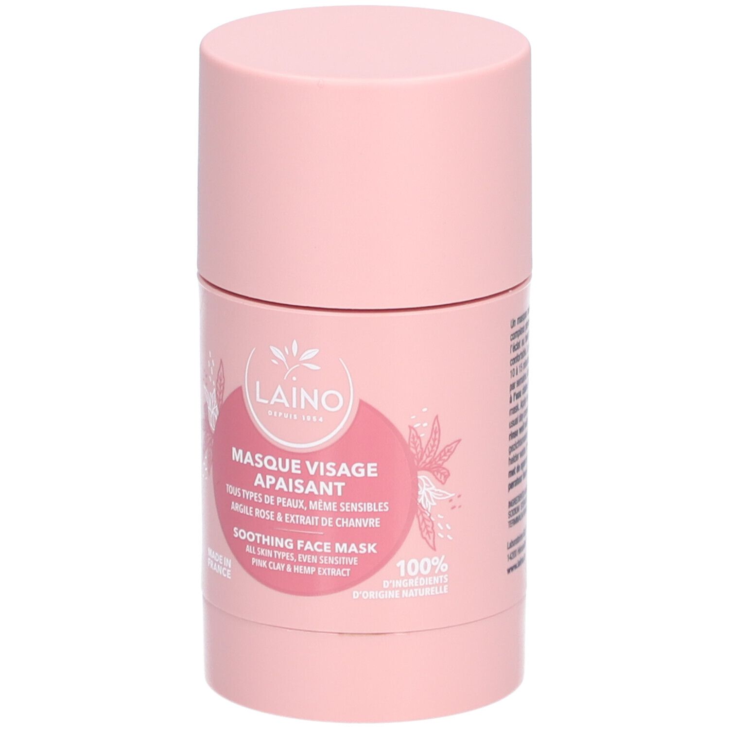 Emballage cylindrique rose. Inscriptions: LAINO, MASQUE VISAGE APAISANT, SOOTHING FACE MASK. Design floral.