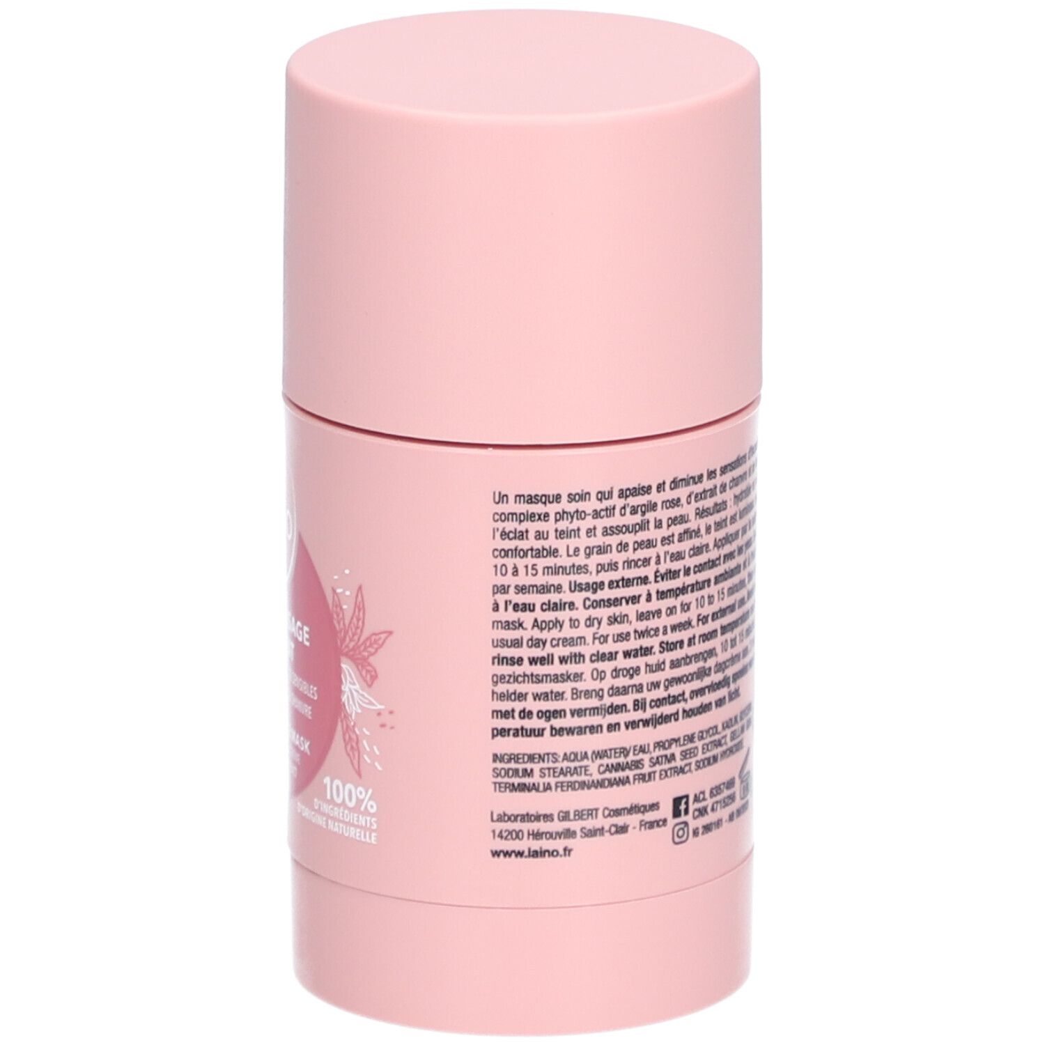 Emballage cylindrique rose. Texte et symboles. Inscriptions: MASQUE VISAGE APAISANT, SOOTHING FACE MASK. Design floral.
