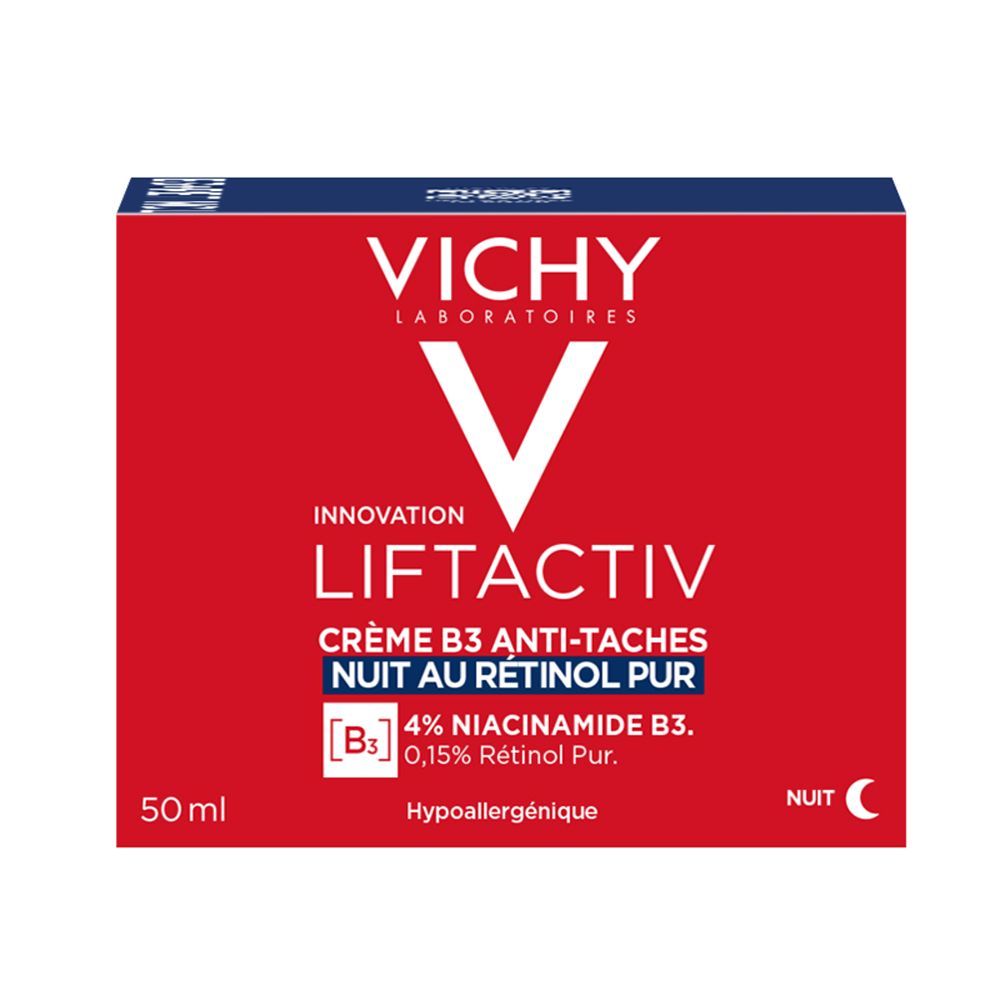 Boîte rouge avec texte : VICHY LIFTACTIV, B3 Crème Anti-taches Nuit. Contient 4% Niacinamide B3.