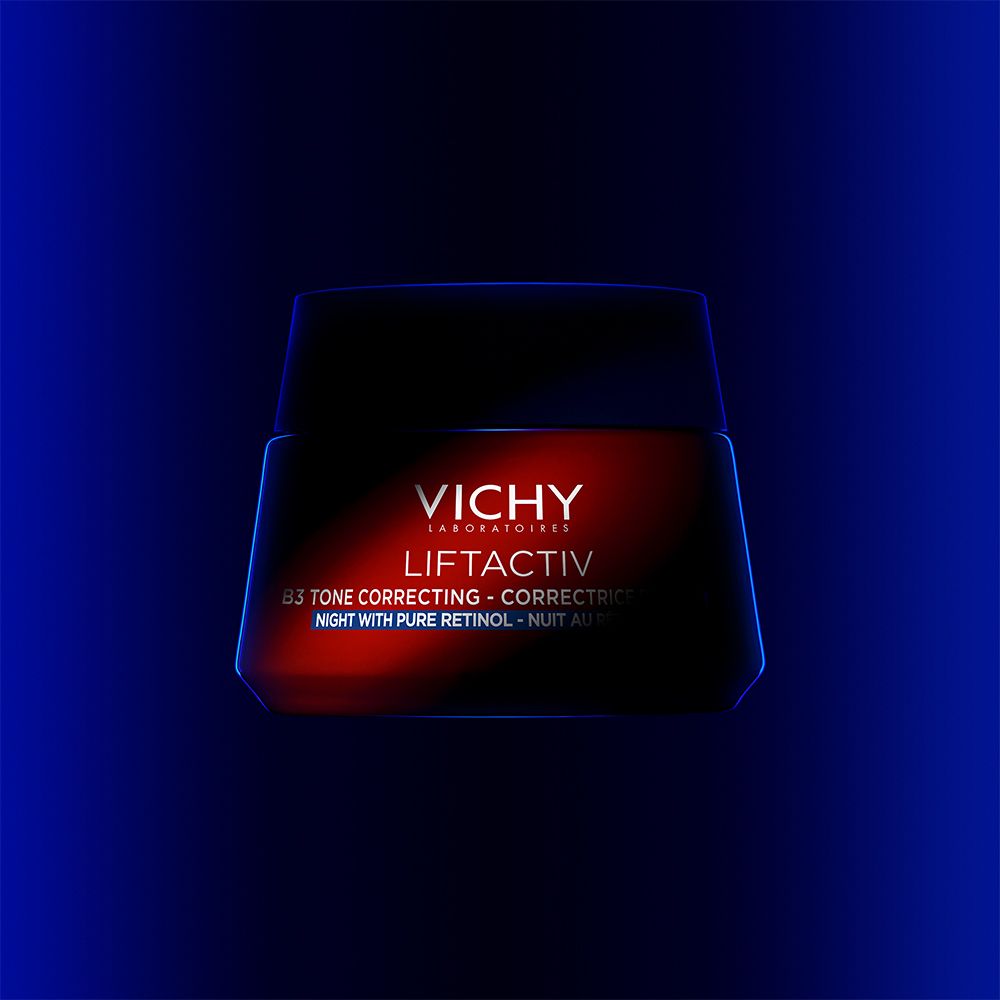 Pot rouge avec couvercle bleu. Texte : VICHY LIFTACTIV, B3 Tone Correcting. Sur fond bleu.