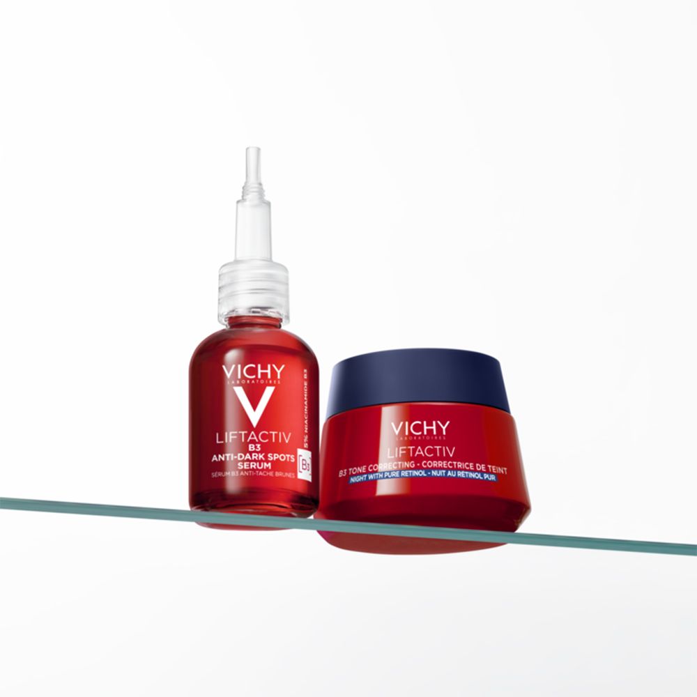 Flacon et pot rouges. Texte : VICHY LIFTACTIV, Sérum Anti-taches. Pot : B3 Tone Correcting.
