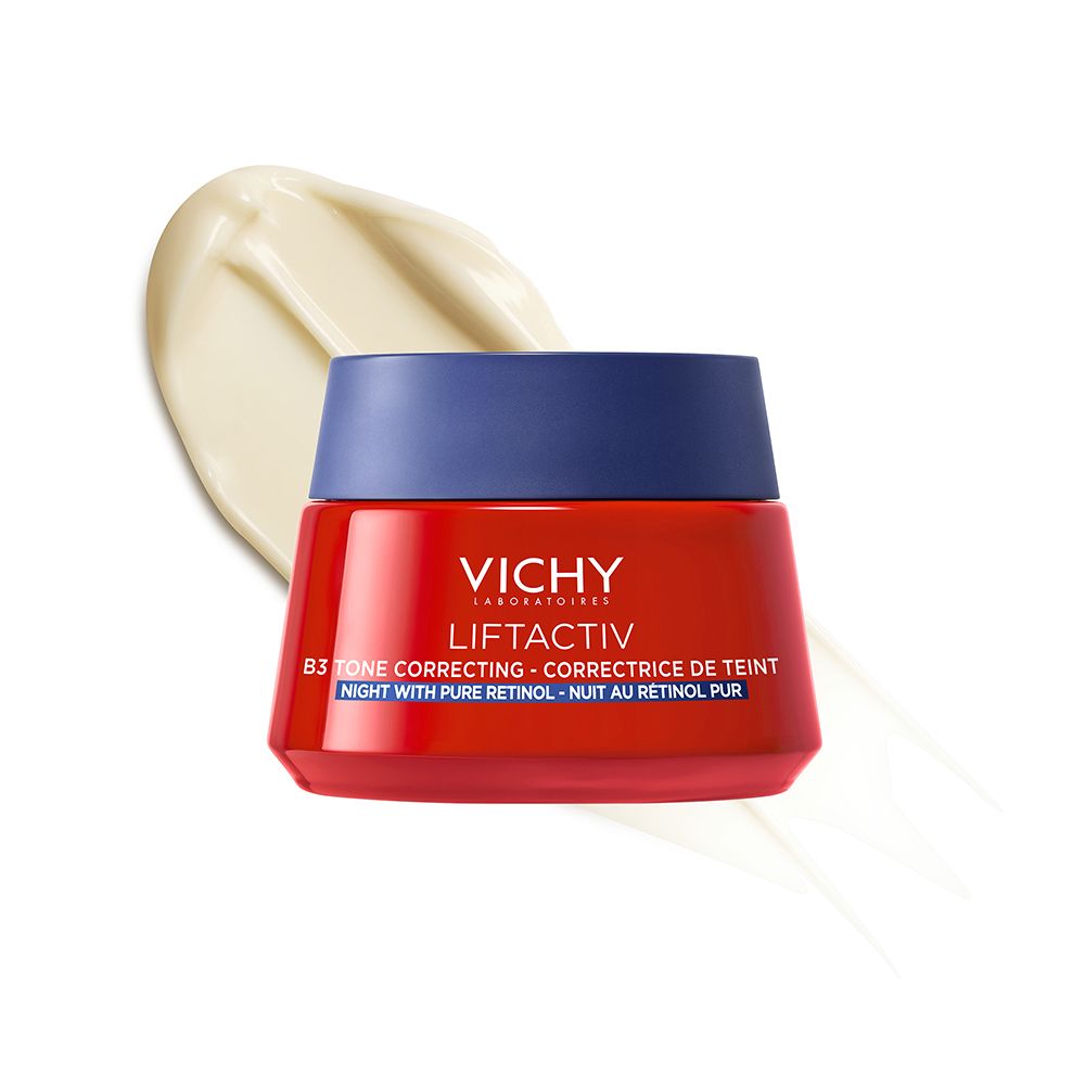 Pot rouge avec couvercle bleu. Texte : VICHY LIFTACTIV, B3 Tone Correcting. Couche de crème à côté.