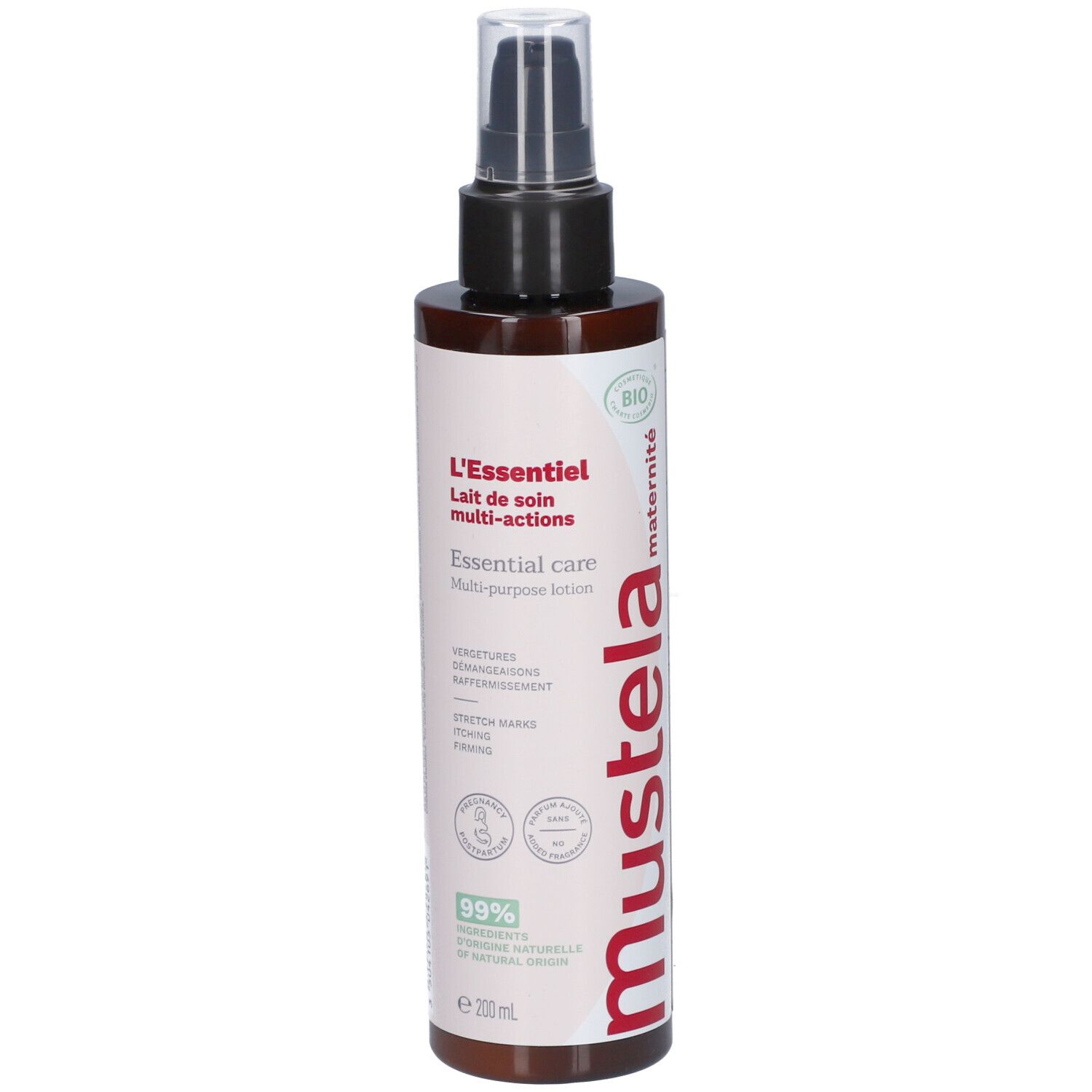 Flacon marron avec pompe. Inscription : L'Essentiel, Essential care, Mustela. Certification bio.