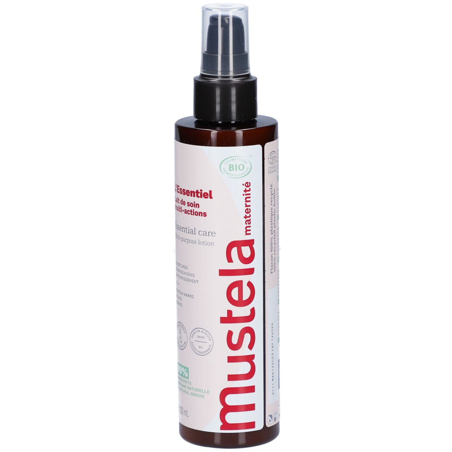Flacon marron avec pompe. Inscription : L'Essentiel, Essential care, Mustela. Certification bio.
