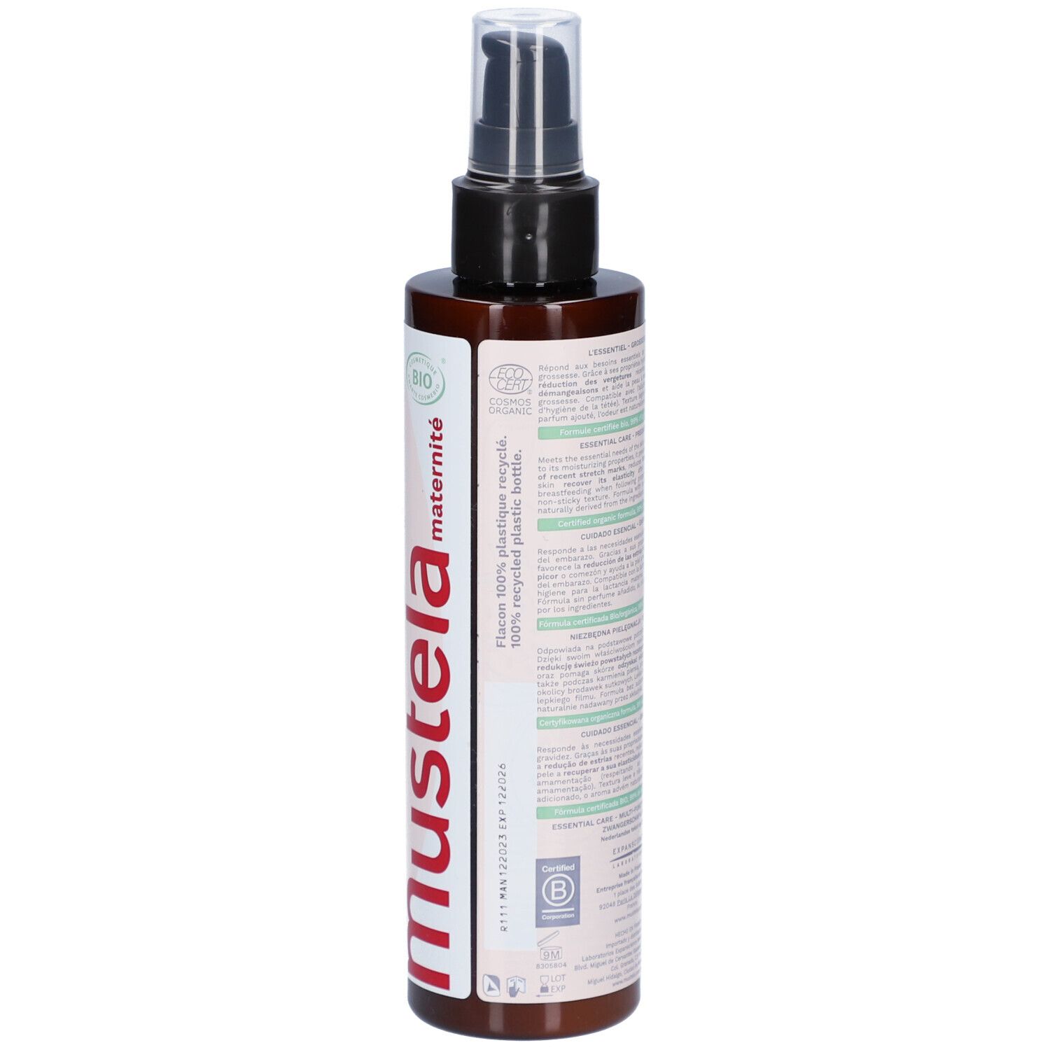 Flacon marron avec pompe. Inscription : L'Essentiel, Essential care, Mustela. Certification bio. Plastique 100% recyclé.