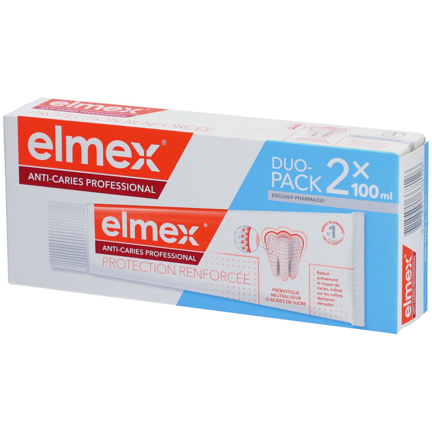 Zahncreme-Duo-Packung. Enthält zwei Tuben. Aufschrift: elmex Anti-Karies Professional. Duo-Pack mit 2x100ml.
