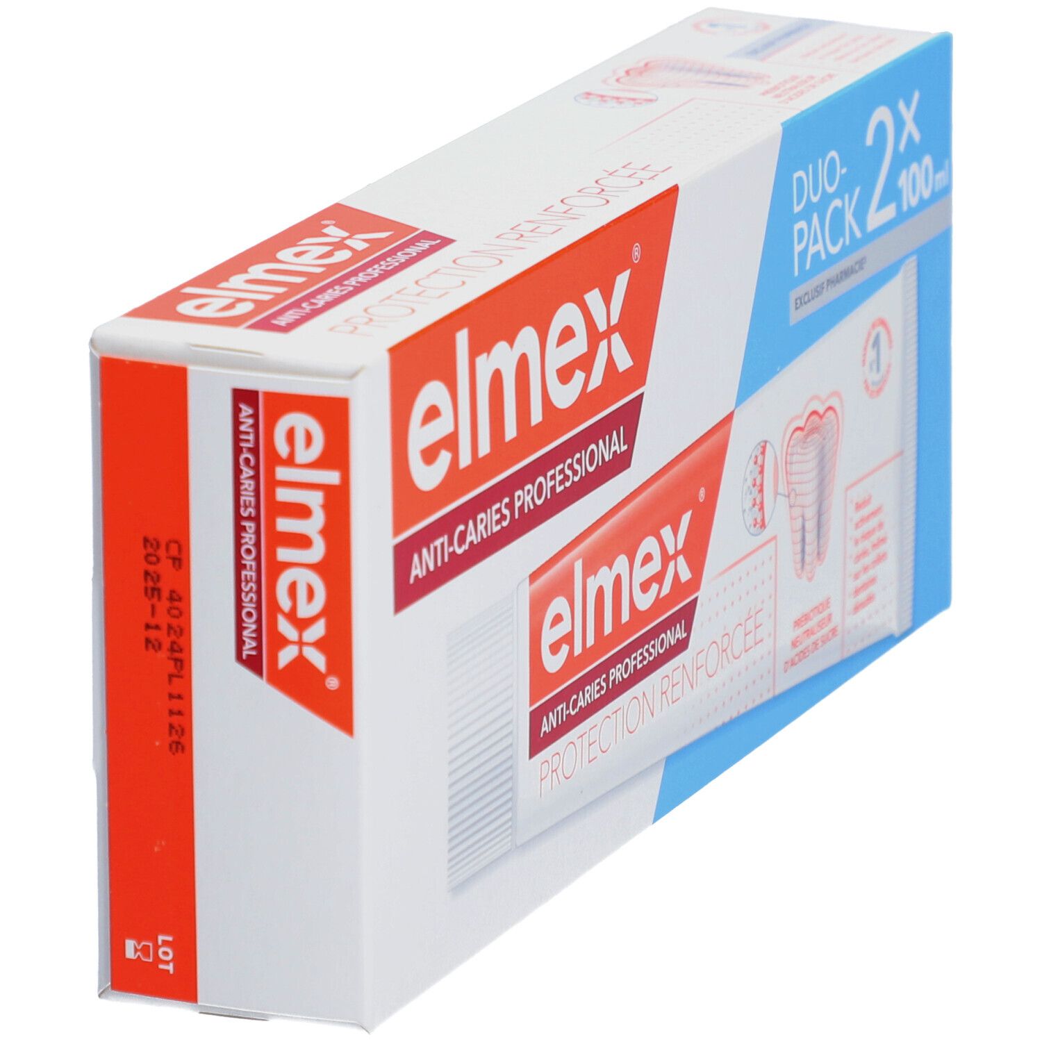 Zahncreme-Duo-Packung. Aufschrift: elmex Anti-Karies Professional. Duo-Pack mit 2x100ml. Verpackung mit blauen Akzenten.