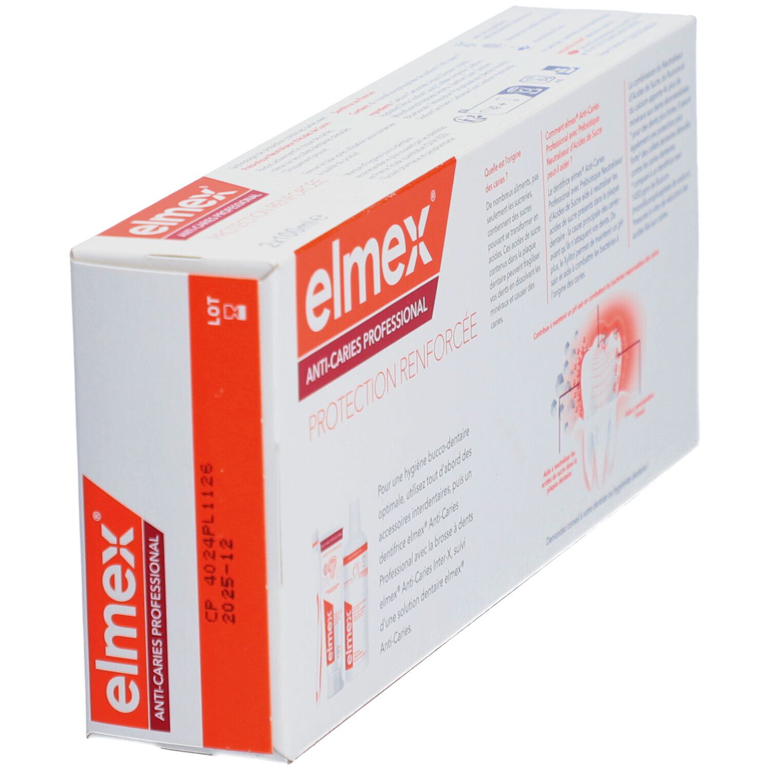 Zahncreme-Verpackung. Aufschrift: elmex Anti-Karies Professional. Text und Illustrationen. Enthält 5 Tuben.
